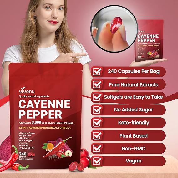 Cayenne Pepper Softgels Supplement with Vitamin E D3+K2 and Extracts of Turmeric, Grape Seed, Hawthorn, Beetroot, Berberine and Others, Supports Leg Vein, Heart and Blood Vessel Health (1 Pack)