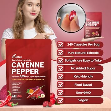 Cayenne Pepper Softgels Supplement with Vitamin E D3+K2 and Extracts of Turmeric, Grape Seed, Hawthorn, Beetroot, Berberine and Others, Supports Leg Vein, Heart and Blood Vessel Health (1 Pack)