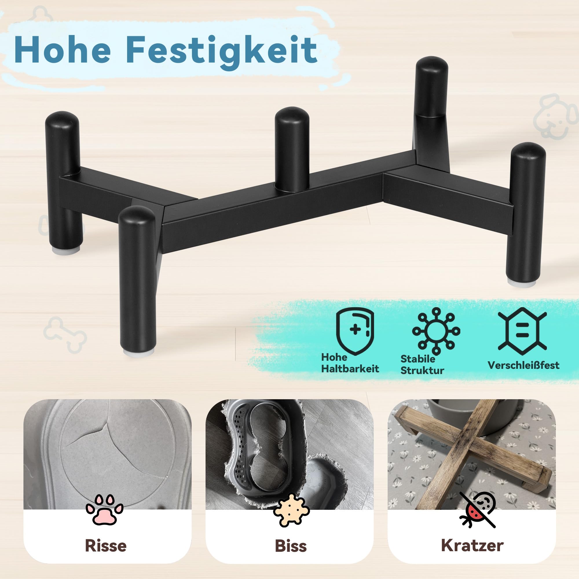 Keramik Hundenapf Erhöht mit Edelstahl-Ständer - Stylisch Doppelnapf Futterstation für Katzen und Kleine Hunde - rutschfest Hund Napf Set für Futter und Wasser - 140g / 260ml - Höhe 10cm - Blau