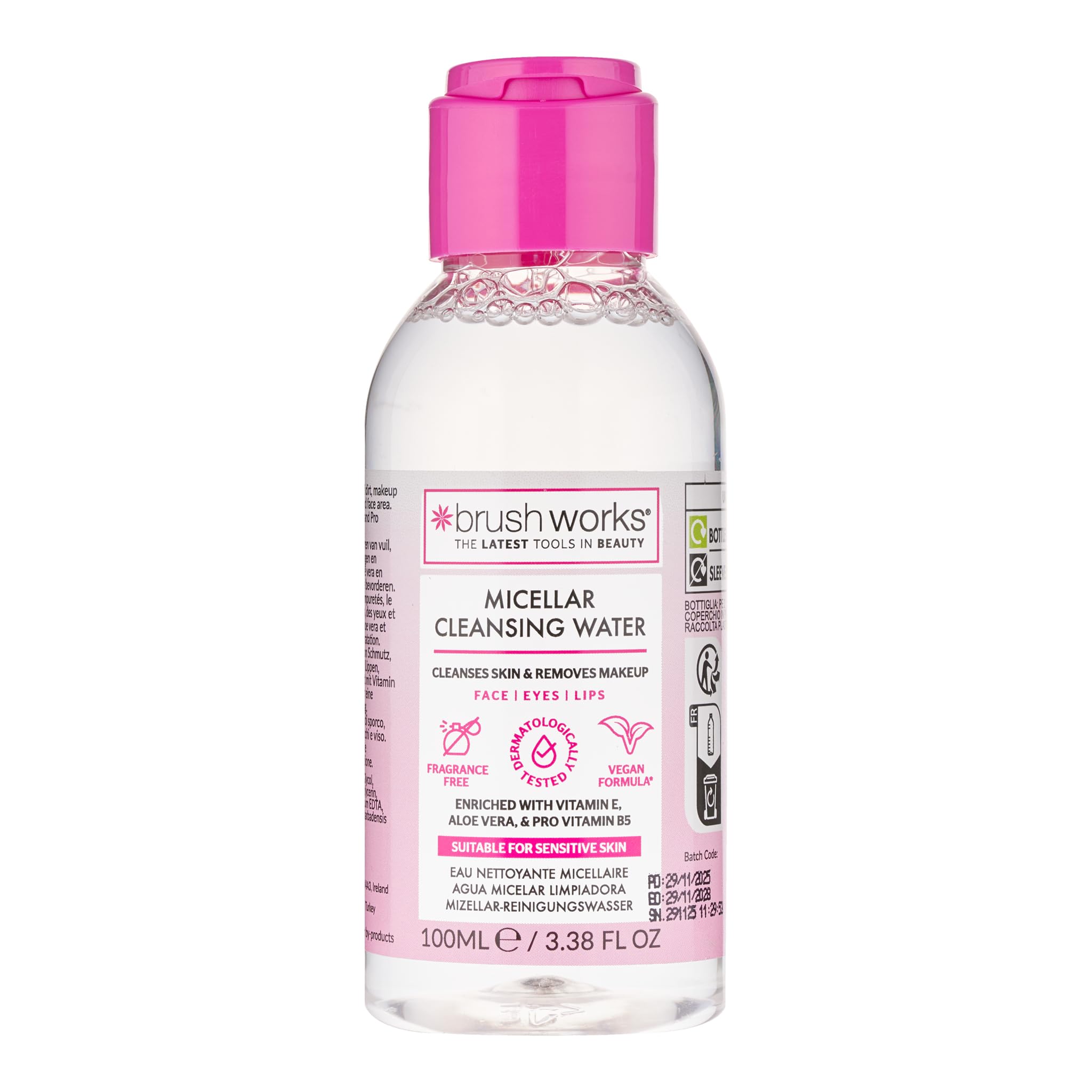 Brushworks Micellar Cleansing Water 100ml – Travel Size Makeup Remover with Vitamin E, Aloe Vera & Pro Vitamin B5 for Face, Eyes & Lips, Fragrance Free & Vegan