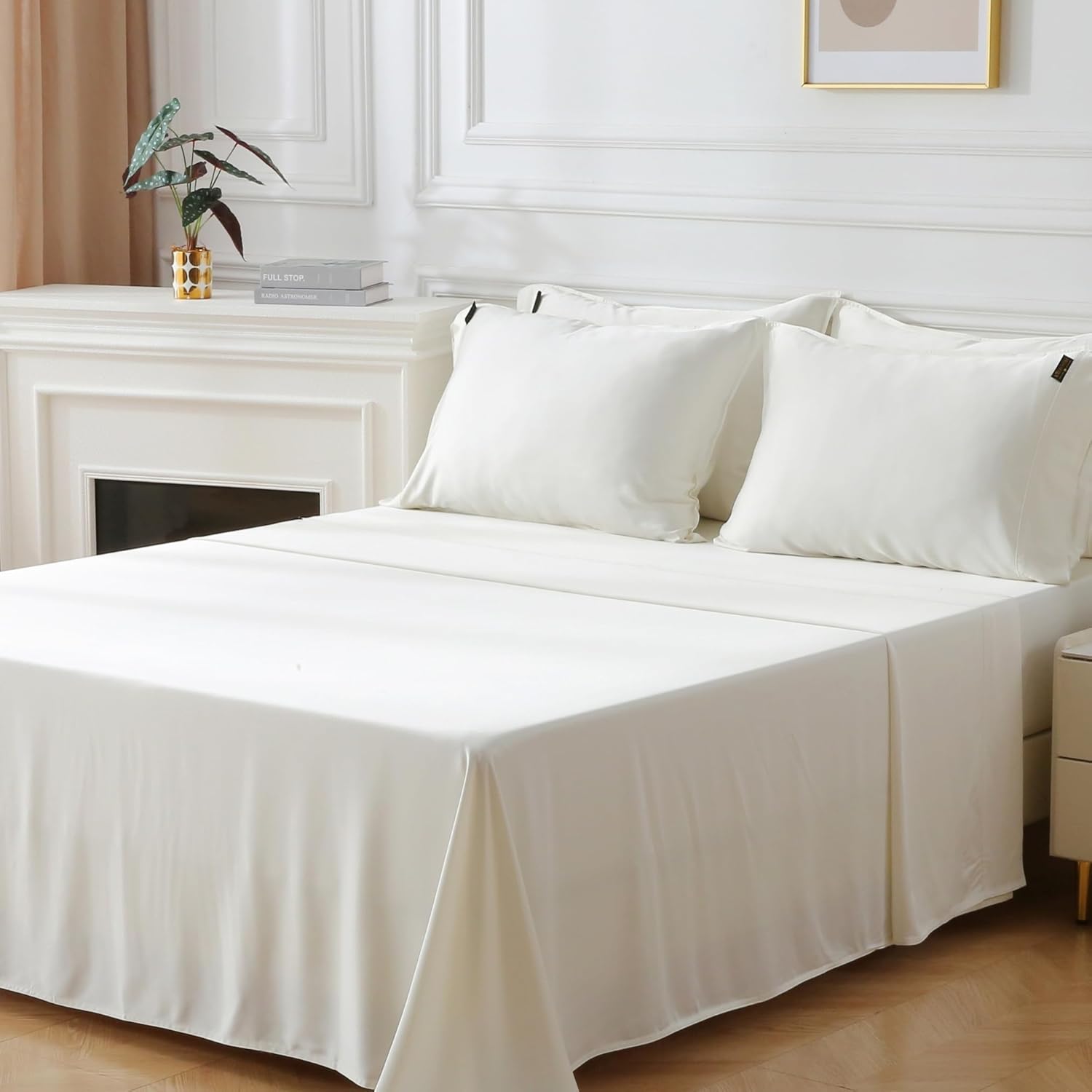 100% Bamboo Lyocell Bed Sheets – 400 Thread Count Sateen Weave, 6-Piece Set with Deep Pockets & 4 Pillowcases, Cooling, Soft, Oeko-TEX Certified (Pearl White, King (U.S. Standard)) - Thumbnail 3