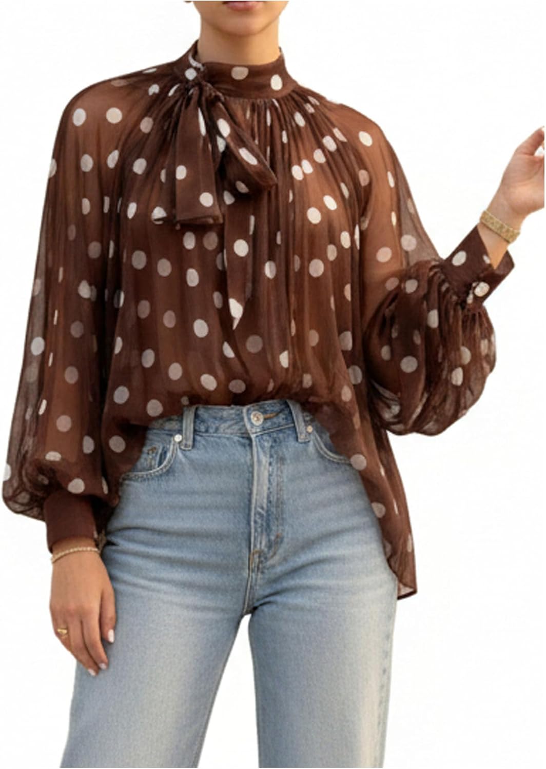 GORGLITTER Women's Polka Dots Blouse Mesh Flowy Long Sleeve Sheer Tops Vintage Tie Neck Chiffon Shirt Vacation Outfits