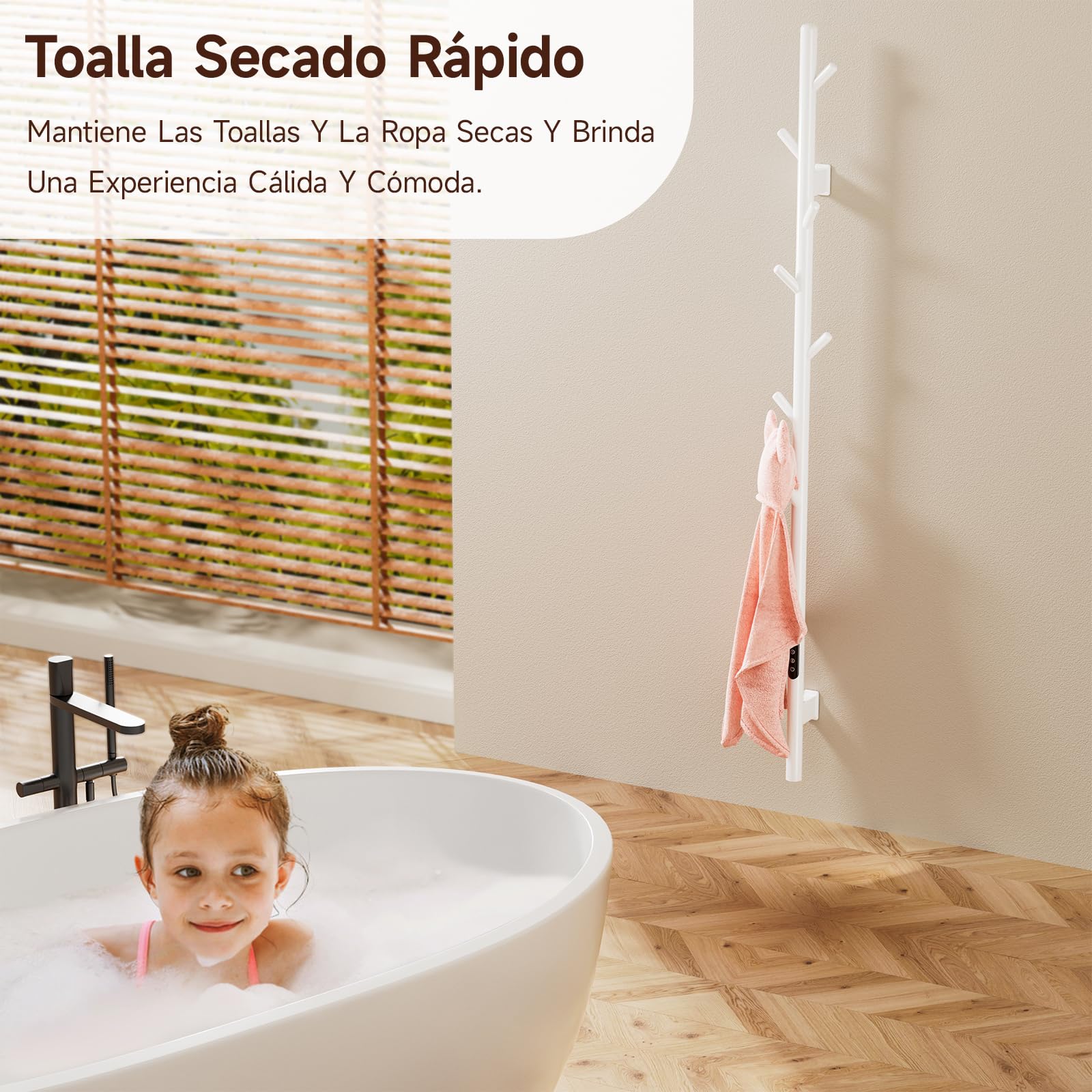 Radiador Toallero Eléctrico,Toallero calefactable Blanco,153cm Radiador eléctrico una sola varilla inteligente WIFI,con pantalla LED, Temporizador y 7 ganchos,Bajo Consumo De Energía Towel Warmer
