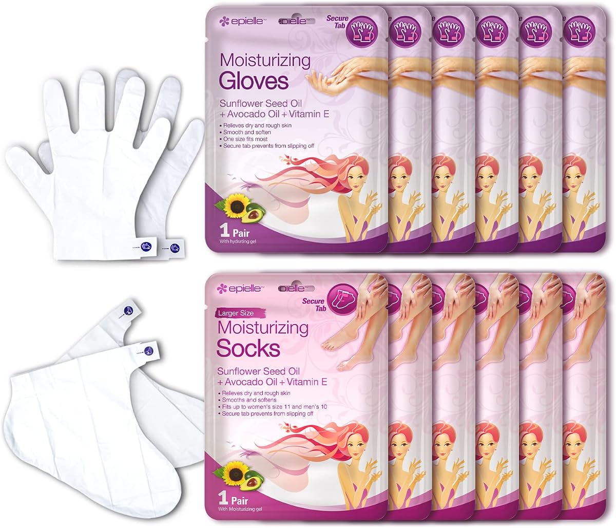 Epielle Mascarillas hidratantes para manos y pies, suaviza la piel seca con aceite de semilla de girasol y vitamina E, regalos de cuidado personal para mujeres, kit de spa, 6 guantes hidratantes y 6 calcetines hidratantes