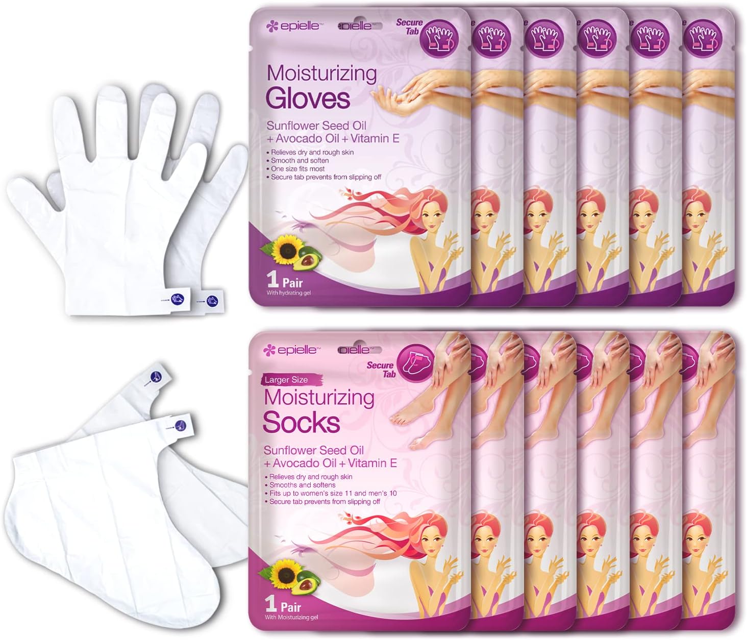 Epielle Moisturizing Hand & Foot Masks 12 Pairs, Soften Dry Hands & Cracked Heels with Sunflower Seed Oil & Avocado Oil, Korean Skin Care, Spa Self Care Gifts for Women, 6 Gloves & 6 Socks Epielle Moisturizing Hand & Foot Masks 12 Pairs, Soften Dry Hands & Cracked Heels with Sunflower Seed Oil & Avocado Oil, Korean Skin Care, Spa Self Care Gifts for Women, 6 Gloves & 6 Socks