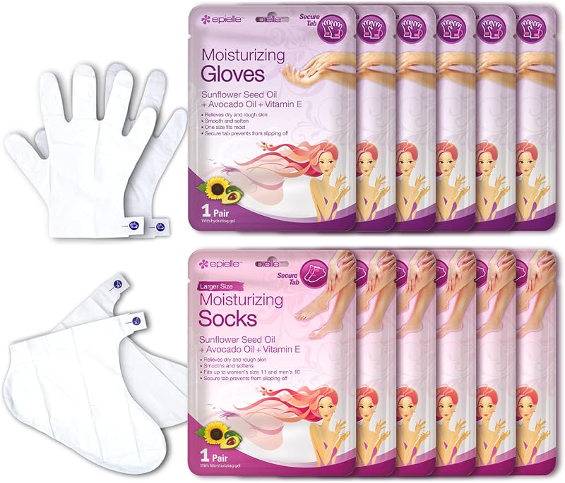 Epielle Mascarillas hidratantes para manos y pies, suaviza la piel seca con aceite de semilla de girasol y vitamina E, regalos de cuidado personal para mujeres, kit de spa, 6 guantes hidratantes y 6 medias hidratantes