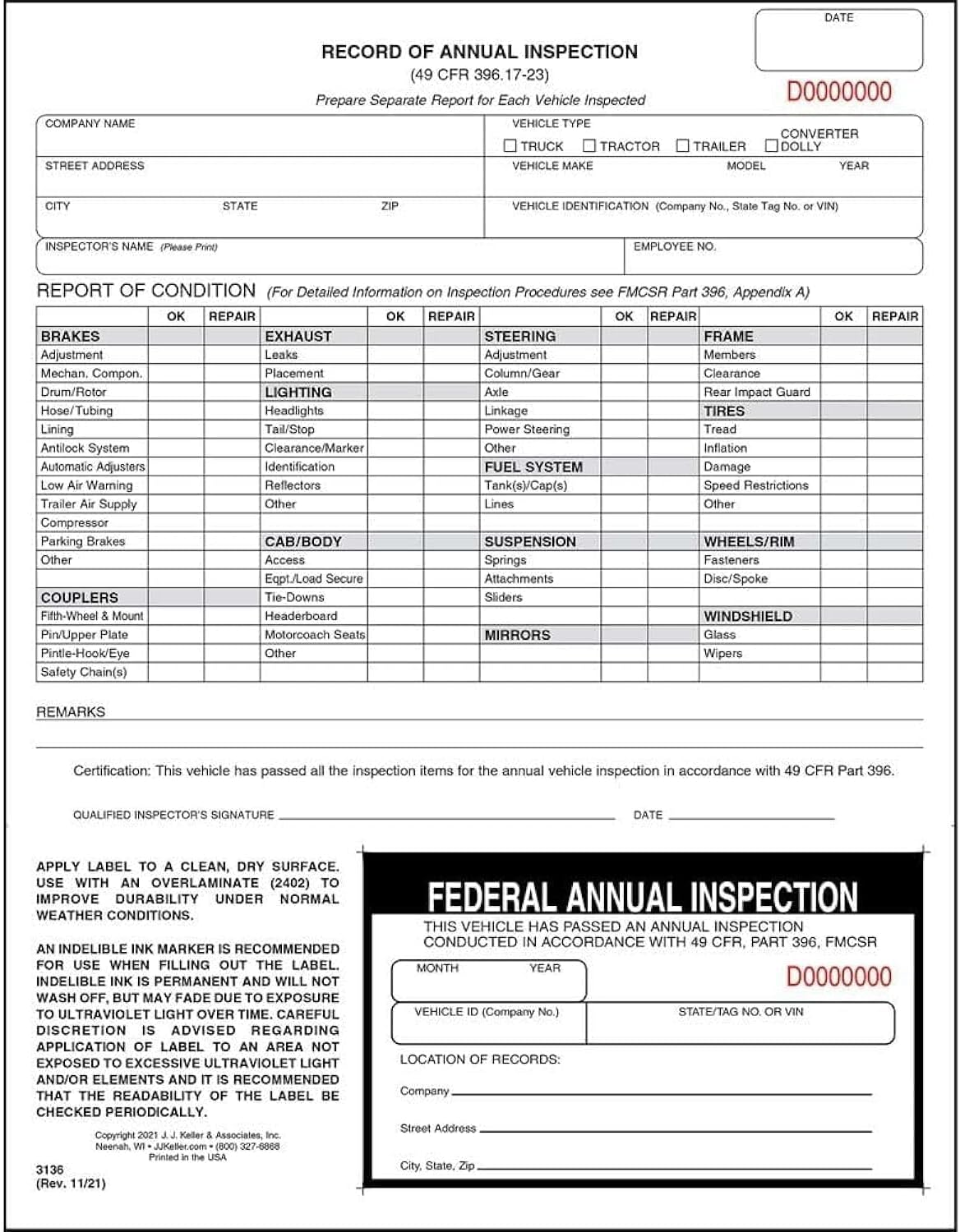 J. J. Keller DOT annual inspection forms + decals