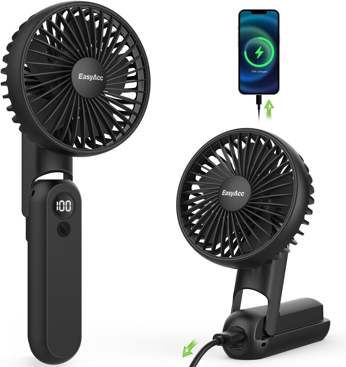 EasyAcc Portable Fan for Travel,Rechargeable Handheld 5 Speed Ultra Quiet with Backup Power Digital Display Lanyard Neck Foldable Personal Fan Hot Flashes Gift Outdoor