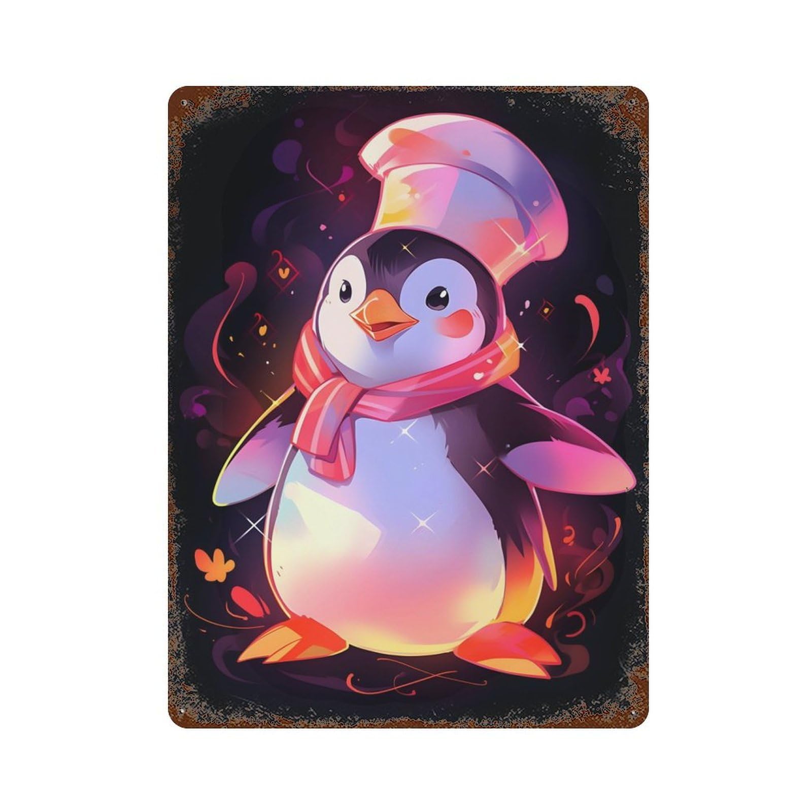 Distressed Metal Wall Sign Cute Penguin Chef 15.7"x11.8", Vintage Wall Decor for Garage, Bar And Workshop Decor