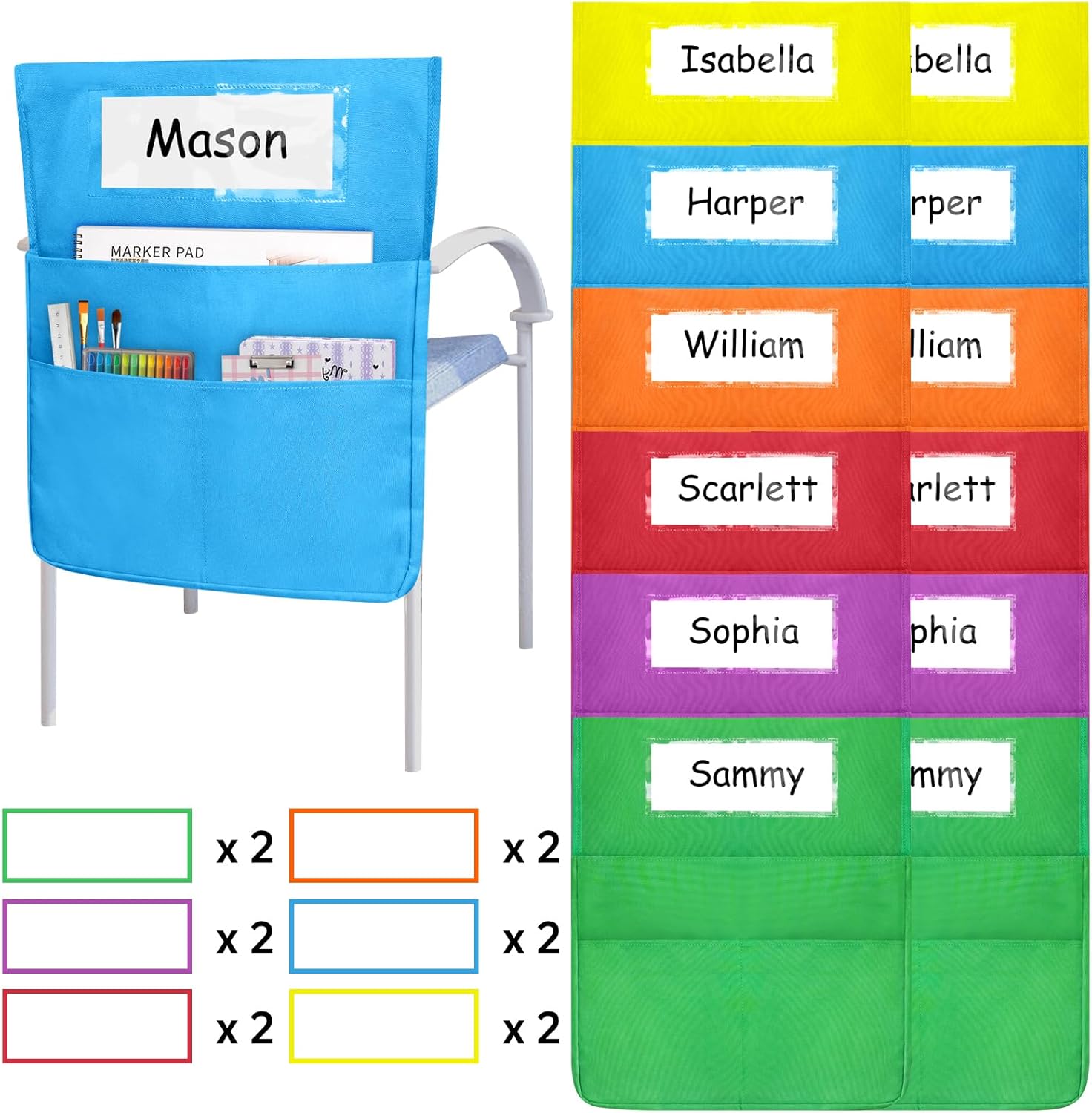 Chair Pockets for classrooms, 6 Bright Color Seat Storage Organizer for Kids School Supplies with 2 Large Pockets Keeps Students Organized and Classrooms Neat (12 Pack)