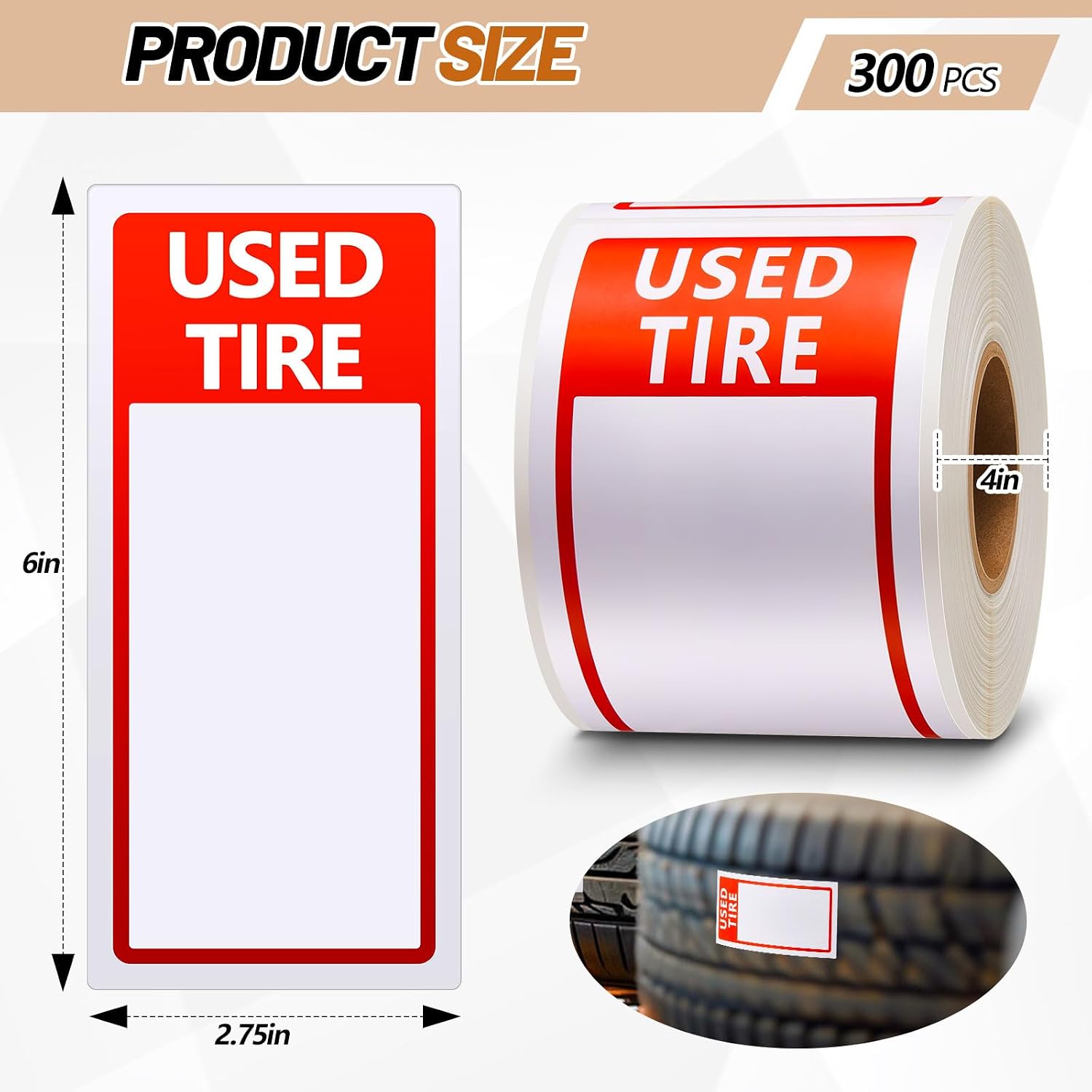 Affrolling 300 Used Tire Labels 6" x 2-3/4" Red/White Blank Price/Tread Stickers
