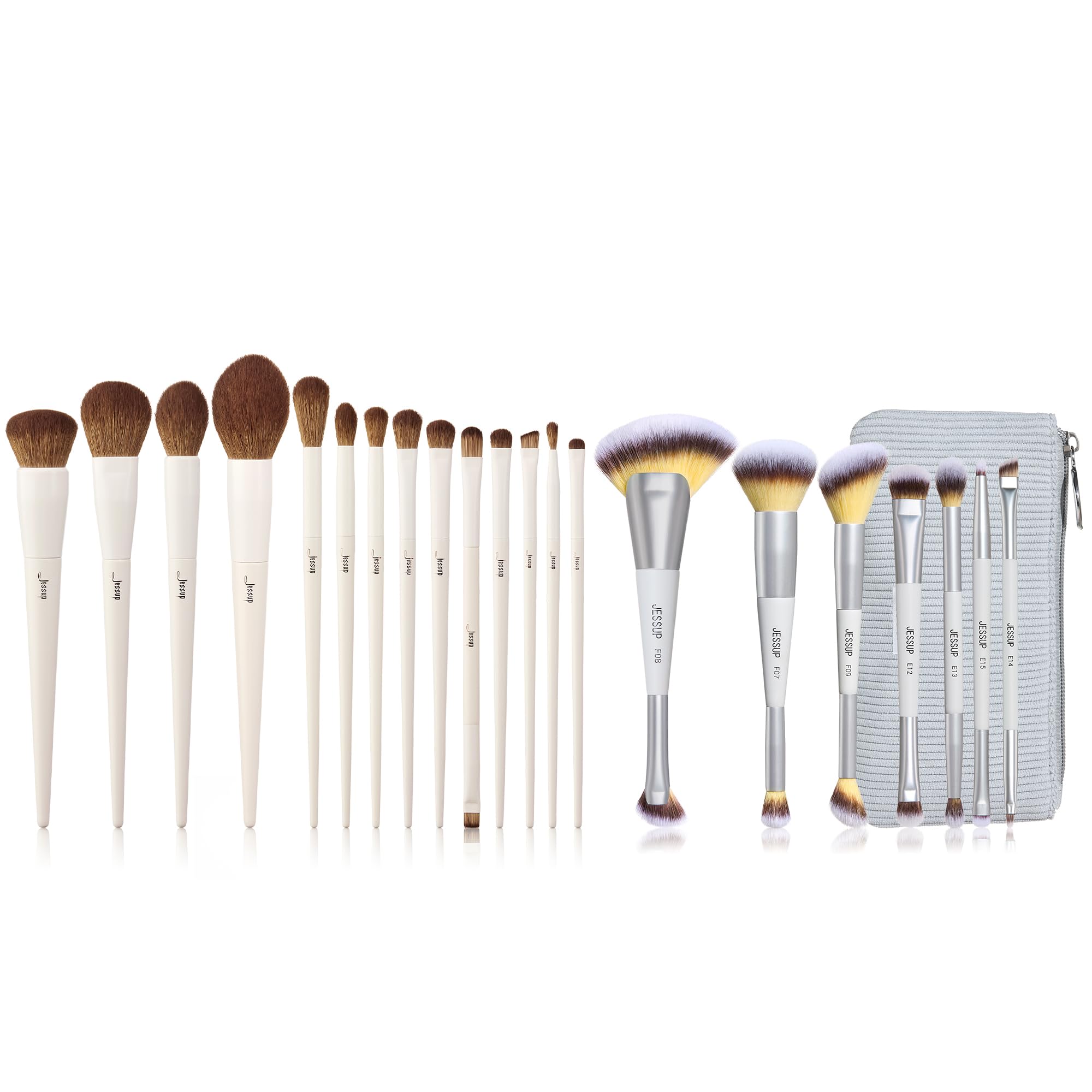 Jessup 14pcs Gris Pinceaux Maquillages et 7pcs Pinceau Maquillage Double Embout avec Pochette