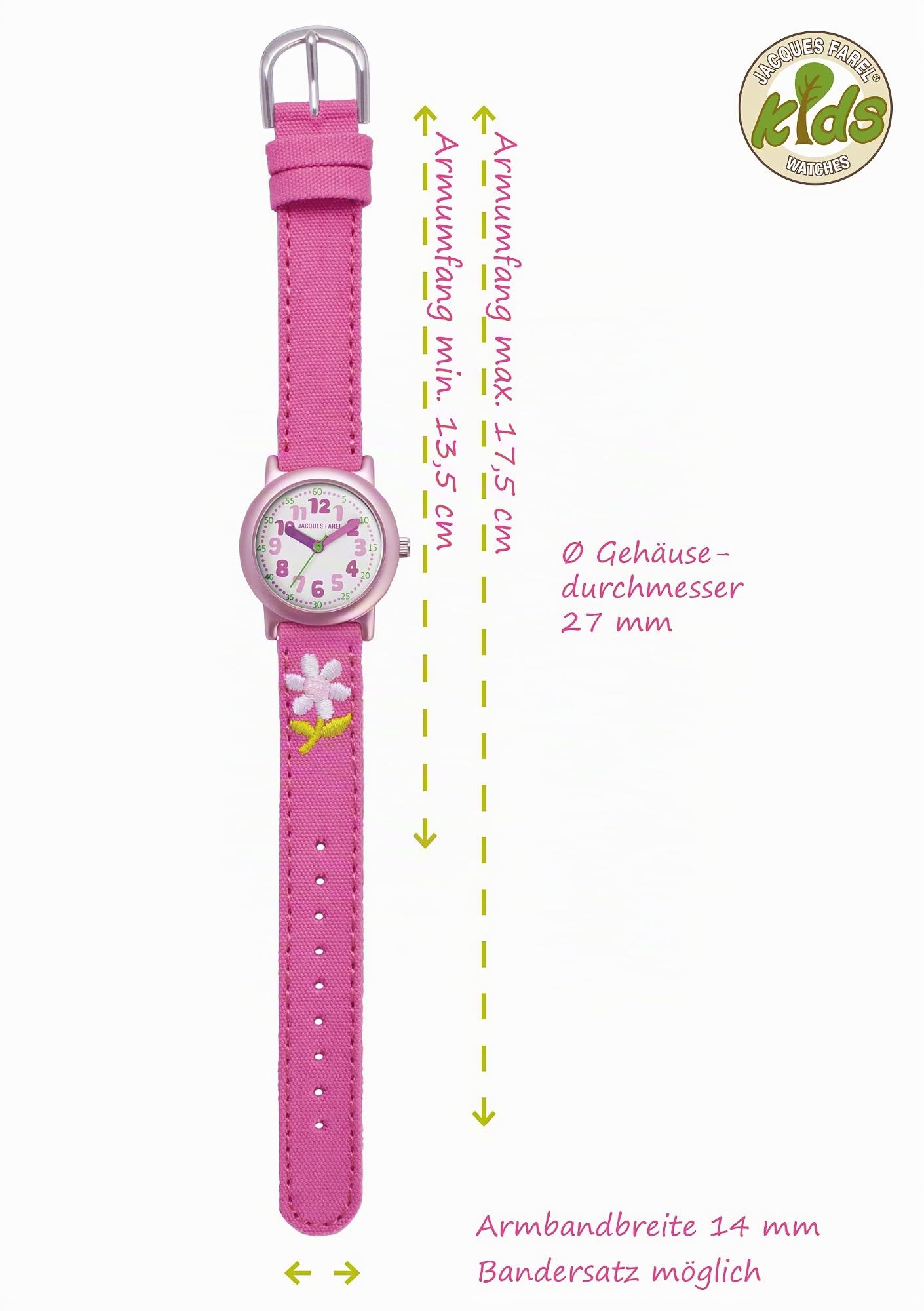JACQUES FAREL Öko-Kinderuhr Mädchen Armbanduhr mit Stoffband aus Bio-Baumwolle Analog Quarz Blume Rosa Pink ORG 1111