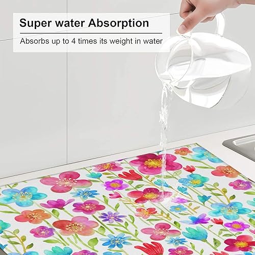 Miniatura 4 de Tapete de secado de platos floral, tapetes reversibles de microfibra absorbente para encimera de cocina, 16 x 18 pulgadas