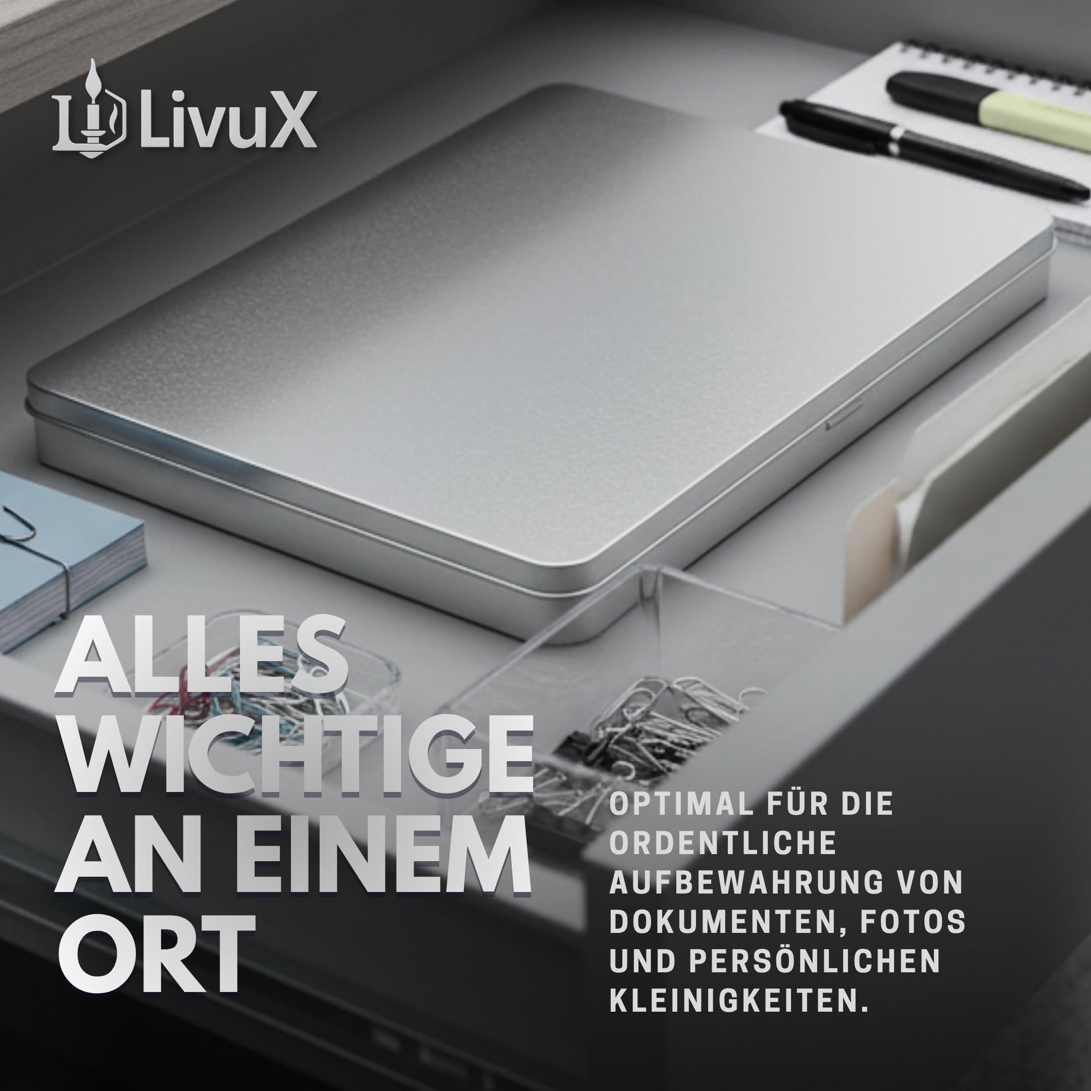 LivuX 2 stuks DIN A4 documentendoos van blik – 31 x 22 x 2,25 cm (l x b x h), gewicht: 367 g, rechthoekige opbergdoos met deksel voor kantoor, thuiskantoor en archief, premium metalen doos 1002