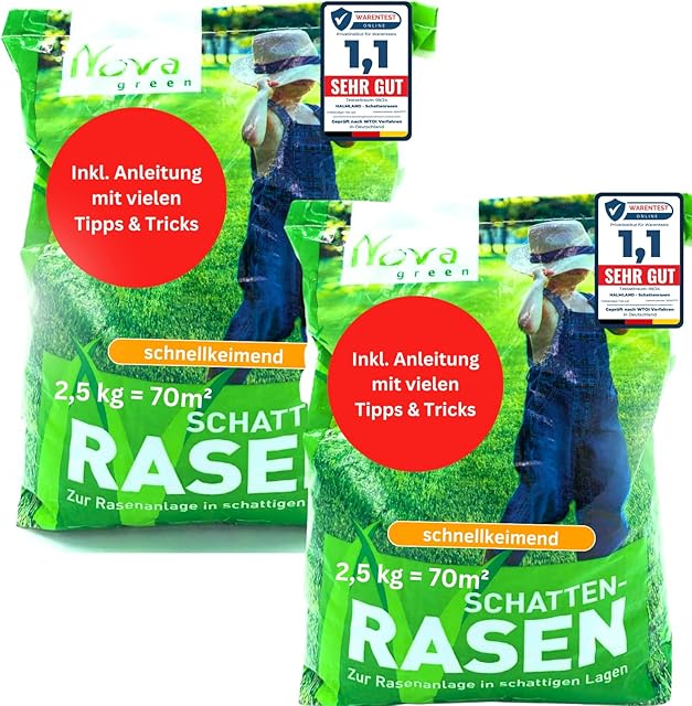 No-Name Schattenrasen Samen Rasensamen schnellkeimend Frühjahr 5 kg = 140 m² | Grassamen schnellkeimend für schattige Flächen | für Rasen Nachsaat | SEHR GUT getestet | Inkl. Rasensaat Anleitung — Saat & Dünger