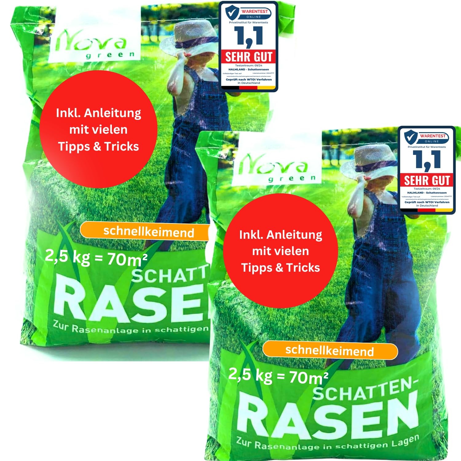 Schattenrasen Samen Rasensamen schnellkeimend Frühjahr 5 kg = 140 m² | Grassamen schnellkeimend für schattige Flächen | für Rasen Nachsaat | SEHR GUT getestet | Inkl. Rasensaat Anleitung