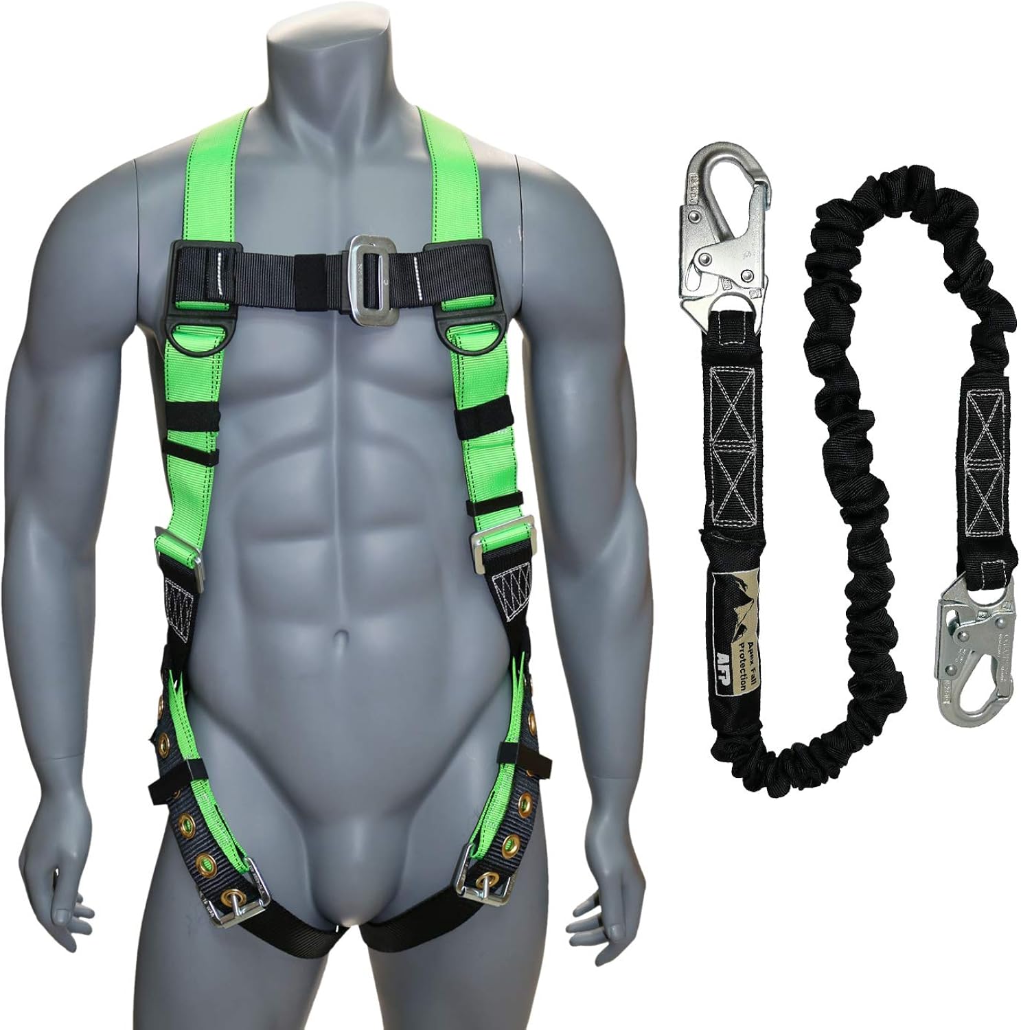 Lіmіtеd Stосk AFP Universal Full-Body Safety Harness w/Dorsal D-Ring Tongue Buckle Legs High-Viz Green, Shock Absorbing Lanyard (OSHA/ANSI)