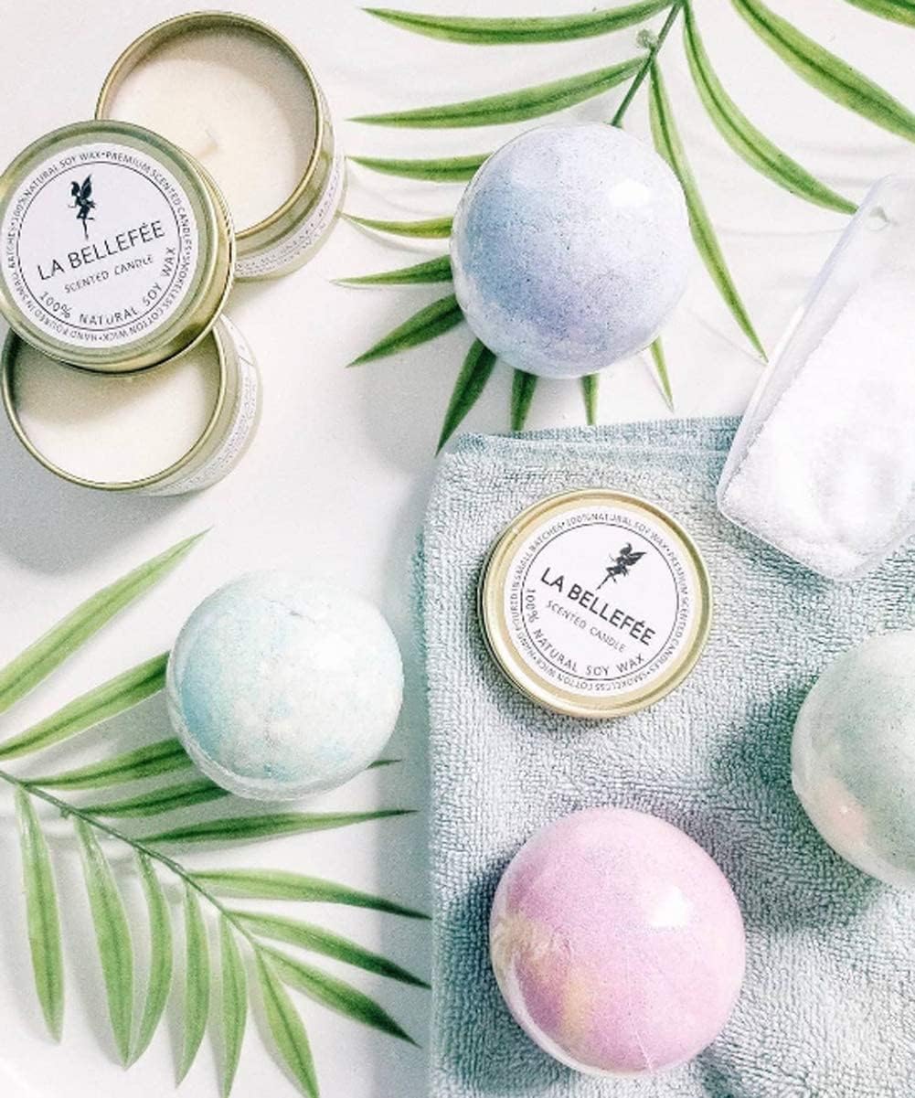 LA BELLEFÉE Bath Bombs Scented Candles Set, Handmade Essential Oil Relaxing Bathbombs, Bubble Spa. Bath Bombs for Women Gifts for Women Fizzy to Moisturize Dry Skin (4 Bath Bomb+2 Candles)