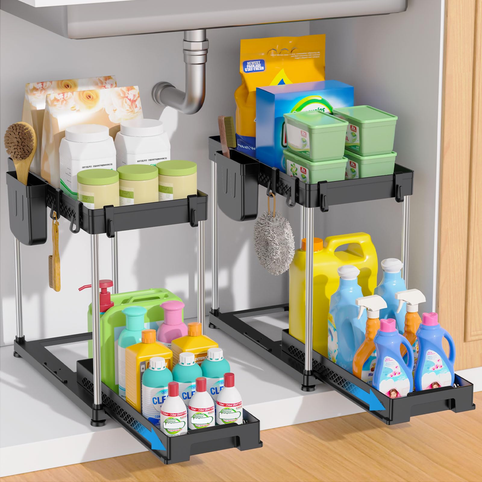 Vihoom Black Under Sink Storage Kitchen Organiser 2 Pack, 2 Tier Pull Out Cabinet Organiser, Multi-Purpose Under Sink Organizer Kitchen For Bathroom, Cabinet, Countertop