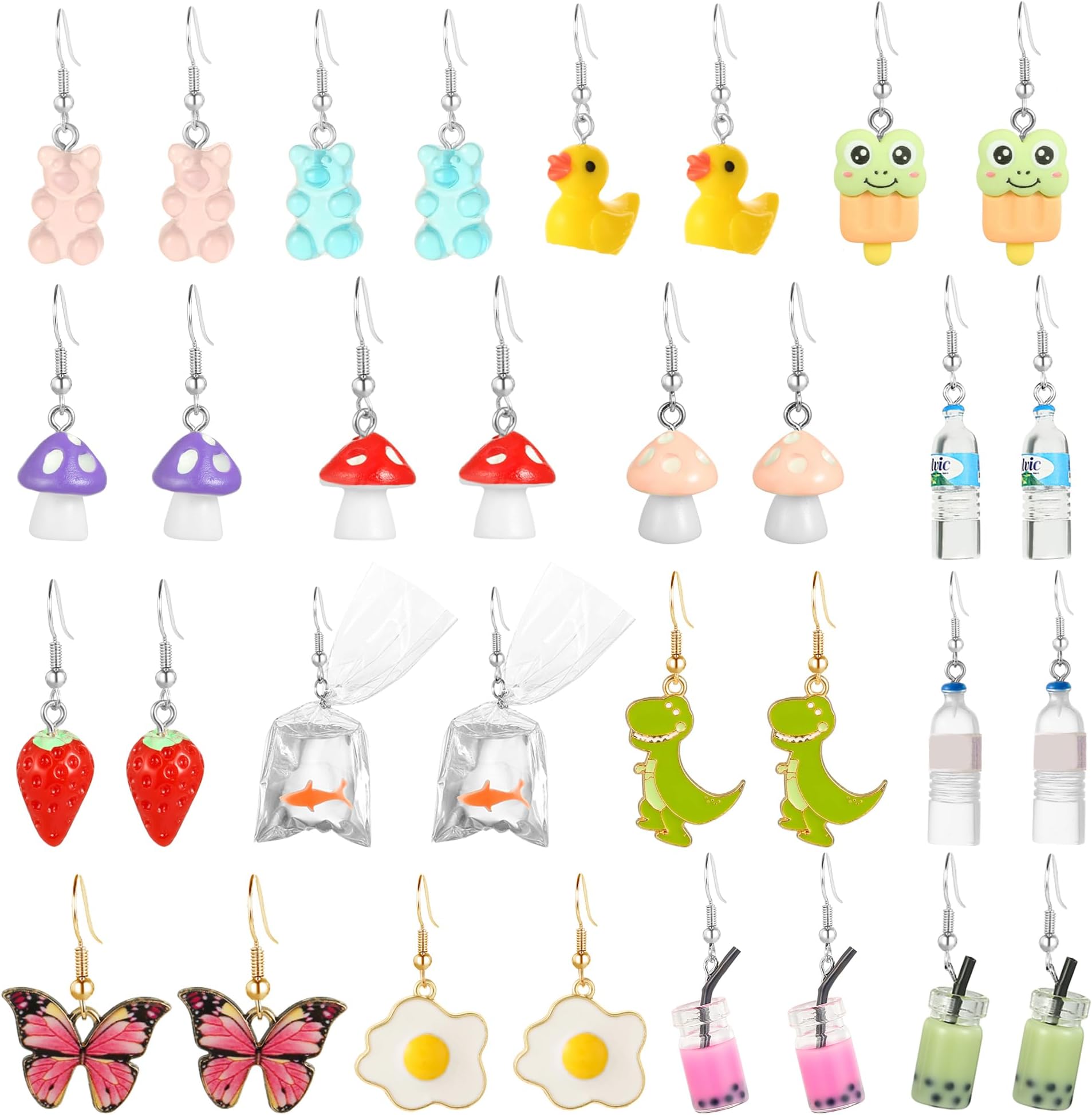 16 Pairs Cute Weird Fun Aesthetic Earrings Mushroom Kawaii Indie Dangle Earrings Set Gummy Bear Butterfly Fruit Rubber Duck Strawberry Earrings for Women