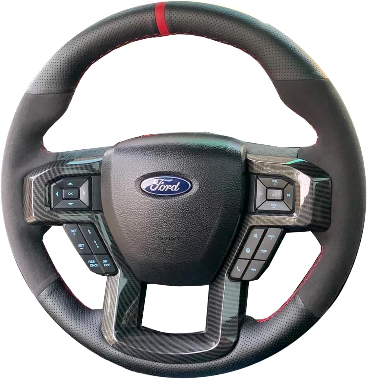 Black Perforated Leather & Suede Red Thread Auto DIY Steering Wheel Cover Hand-Stitch on Wrap Fit for Ford F150 Raptor 2016-2019