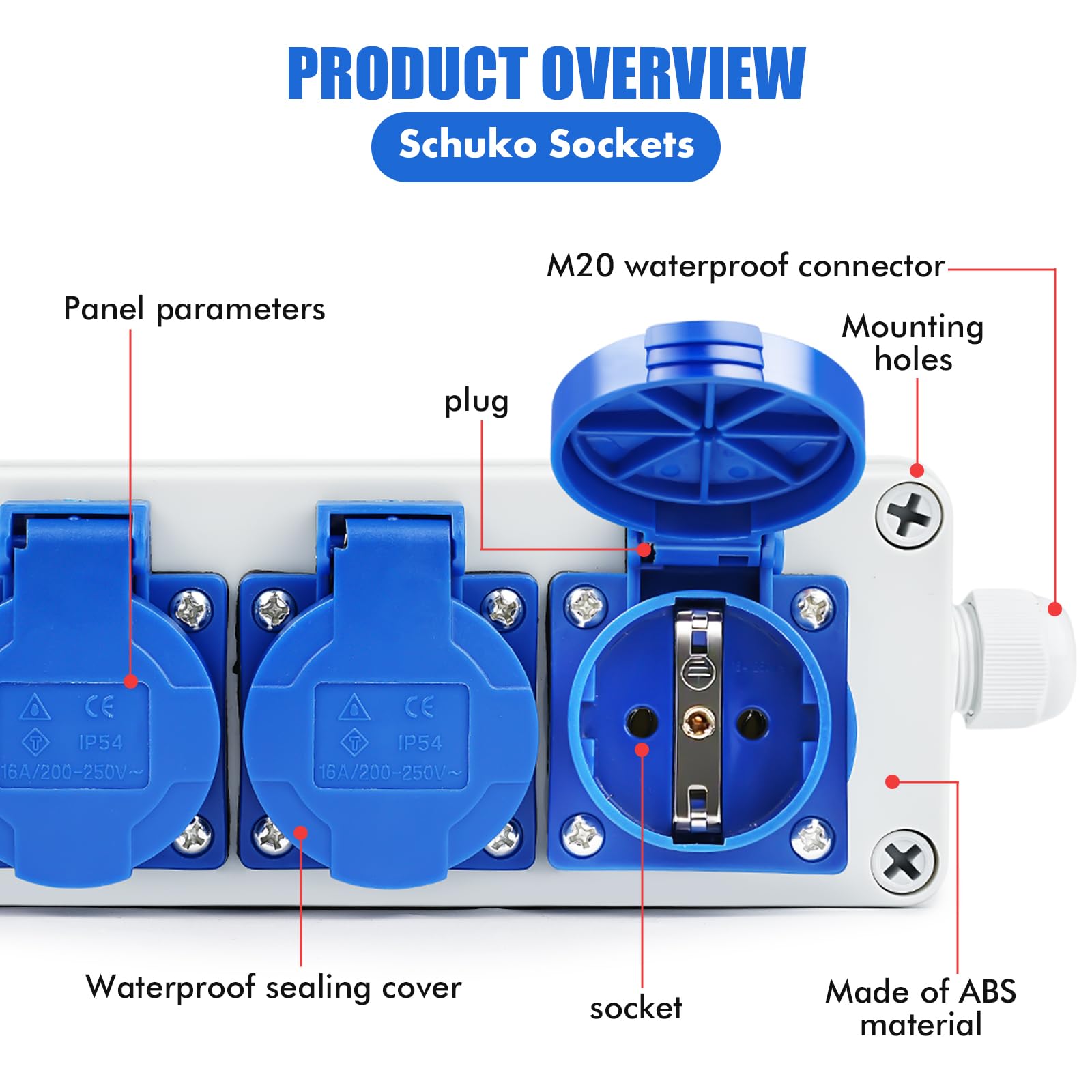 Jadeshay Distribuidor de Corriente,16A Cuadro Electrico Superficie 4 x 220V Schuko con Cubierta Protectora Individual Distribución de Energia Impermeable IP54 para Taller Obra Interior y Exterior