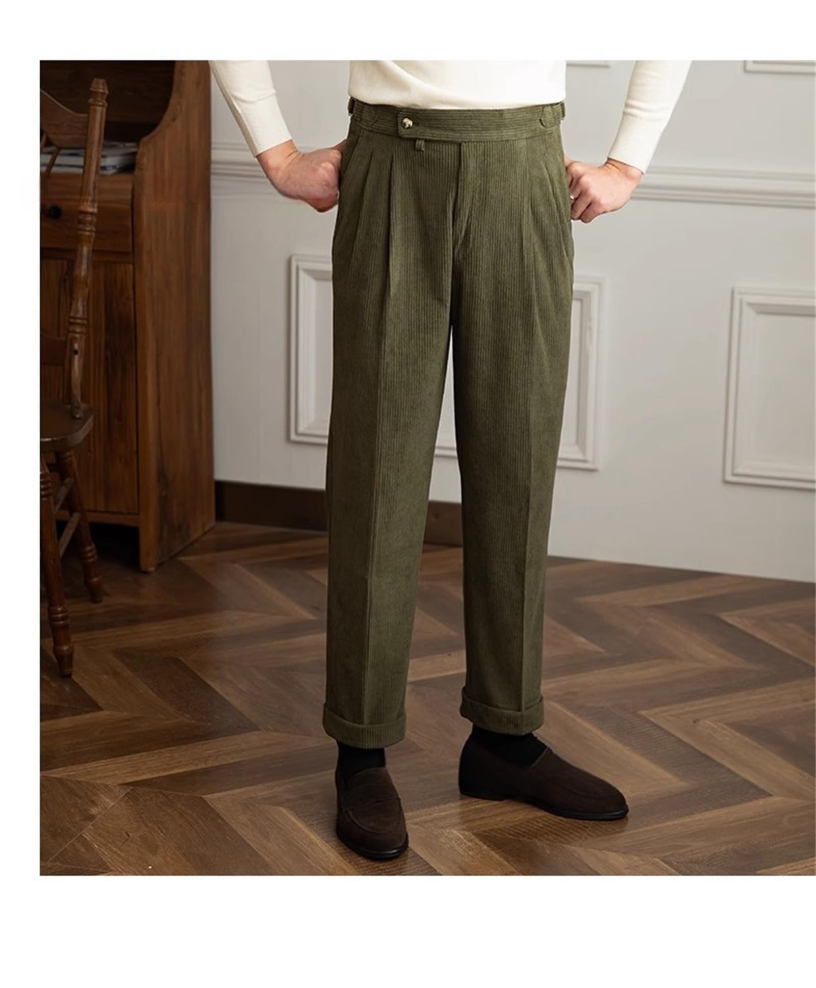 Pantalon en tweed taille haute pour homme - Pantalon vintage en laine plissée sur le devant - Pantalon de costume avec taille extensible - Pantalon Ben Davis