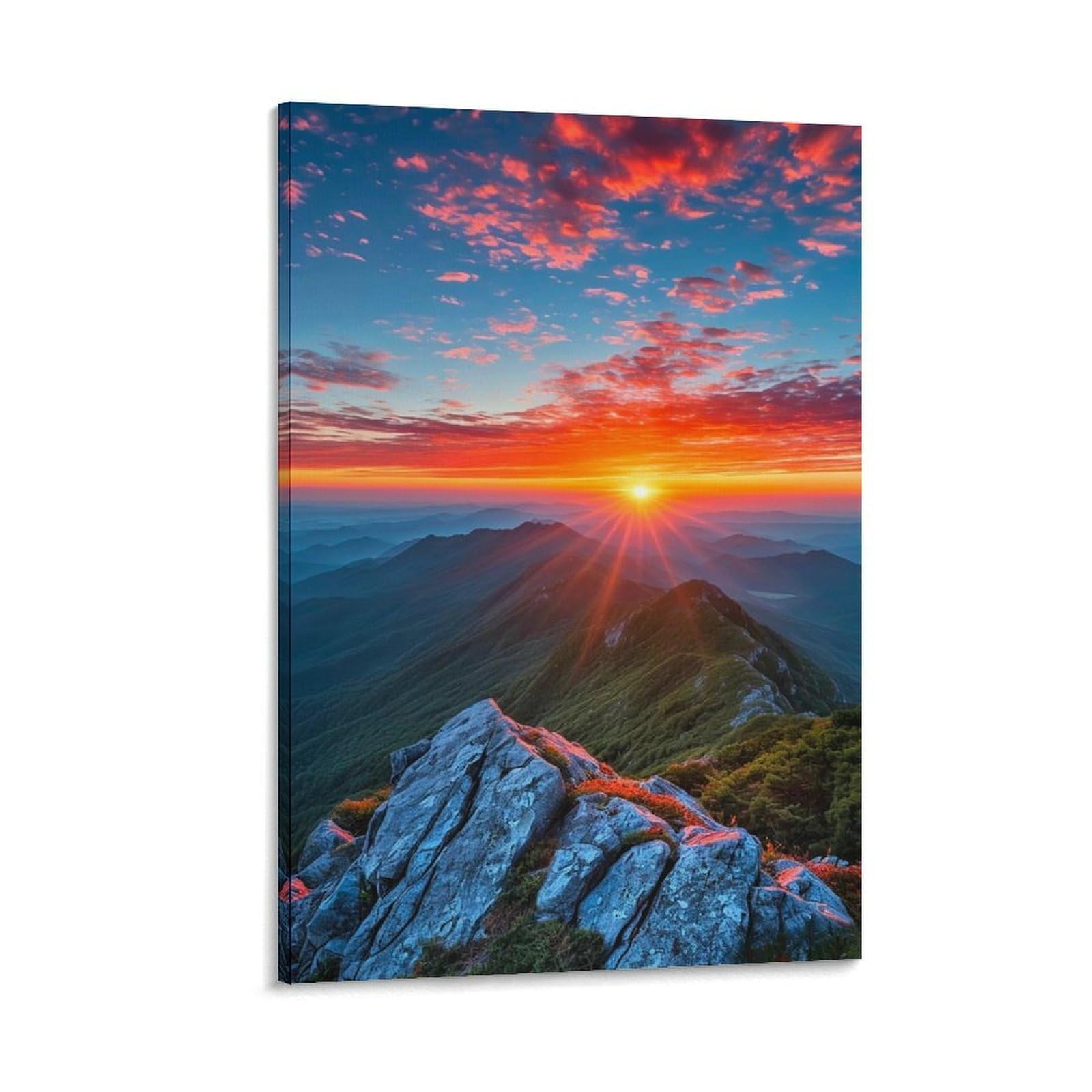 IEJKLUVWX Crimson Mountain Sunset Picture Healing Scenery Waterproof Canvas Moisture Resistant Vibrant Colours for Sofa Background Hallway Home Decor Lover Unique 20x30inch(50x75cm)