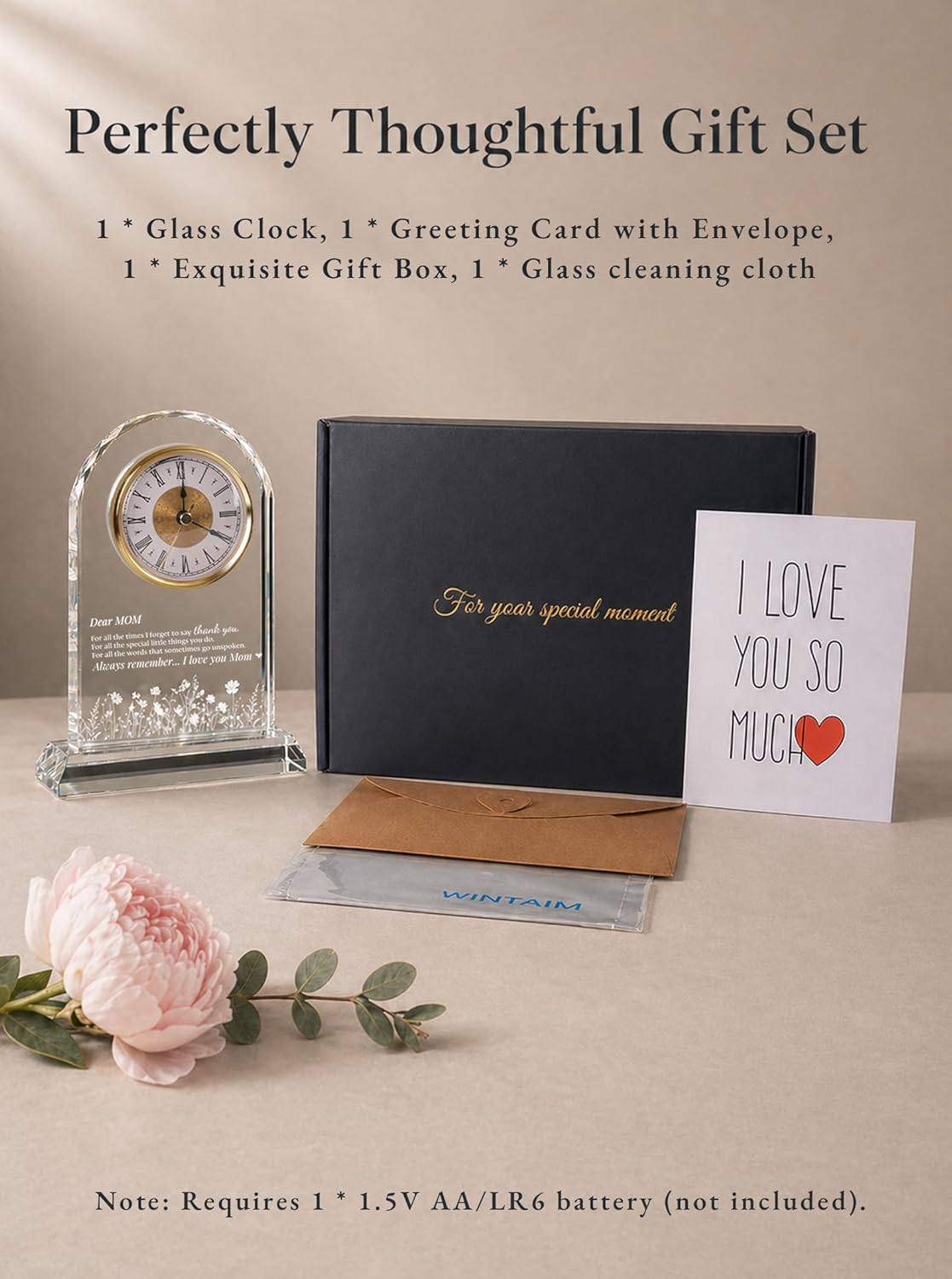 Mom Glass Clock Gift from Daughter or Son: Unique Birthday, Christmas, Thanksgiving Blessings, Mother's Day, and Valentine Gifts - Elegant Desk Clock with Base for Mom Who Has Everything