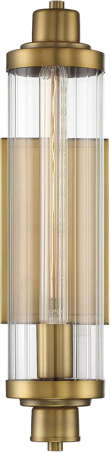 Savoy House 9-16000-1-322 Pike Industrial Vintage Clear Ribbed Glass Wall Sconce, 1-Light 60 Watt, 18" H x 5" W, Warm Brass