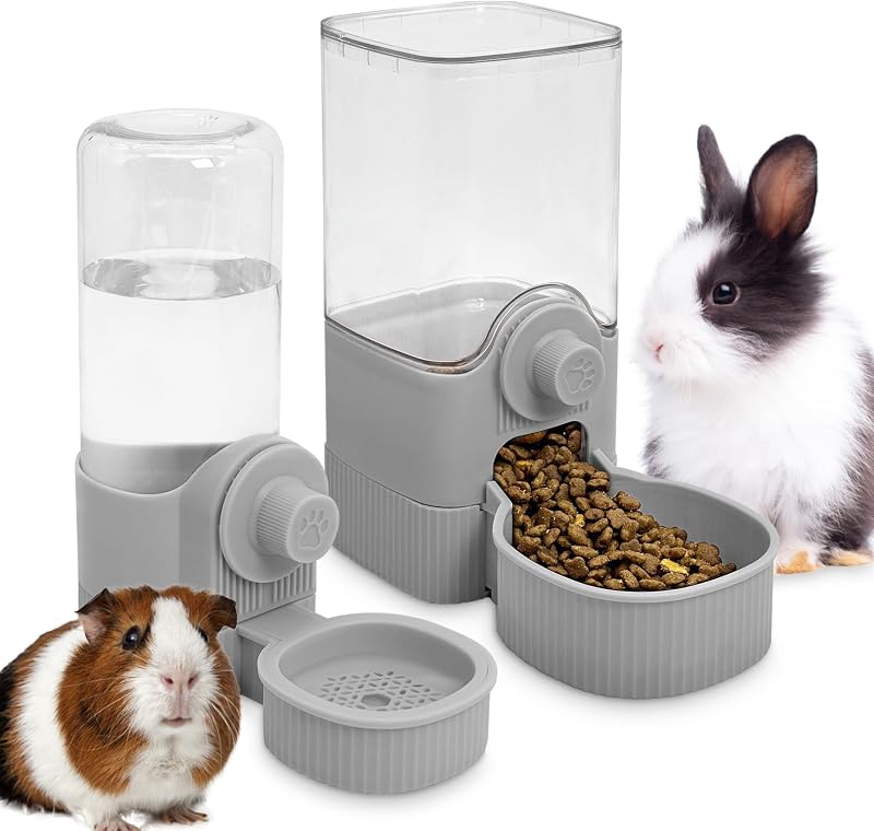 Fhiny Rabbit Food & Water Dispenser, Large Capacity Gravity Guinea Pig Feeder and Waterer Set Hanging Automatic Bunny Feeder for Cage for Bunny Guinea Pig Chinchilla Ferret Cat Puppy