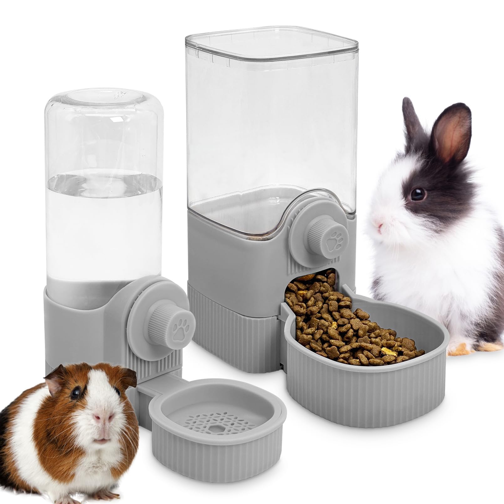 Fhiny Rabbit Food & Water Dispenser, Large Capacity Gravity Guinea Pig Feeder and Waterer Set Hanging Automatic Bunny Feeder for Cage for Bunny Guinea Pig Chinchilla Ferret Cat Puppy