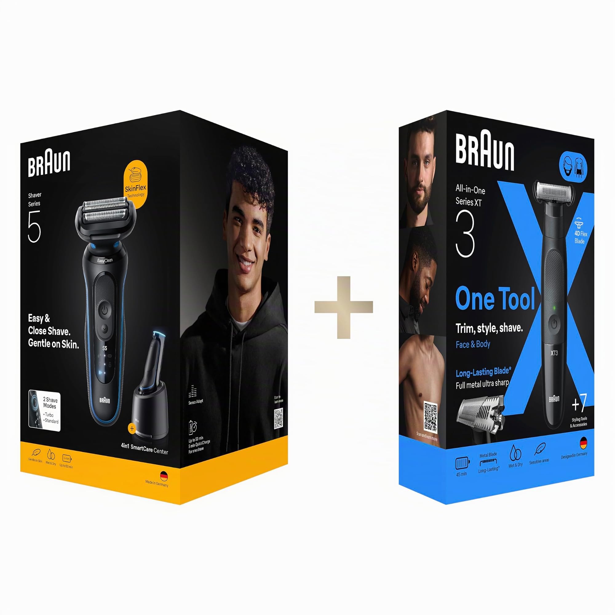 Braun Bundle mit Series 5 Rasierer Herren Elektrisch, Rasierapparat, Wasserdicht, Made in Germany, 52-B7000cc, Blau + Series XT3 Gesicht & Körper, Wasserdicht, XT3200, Schwarz