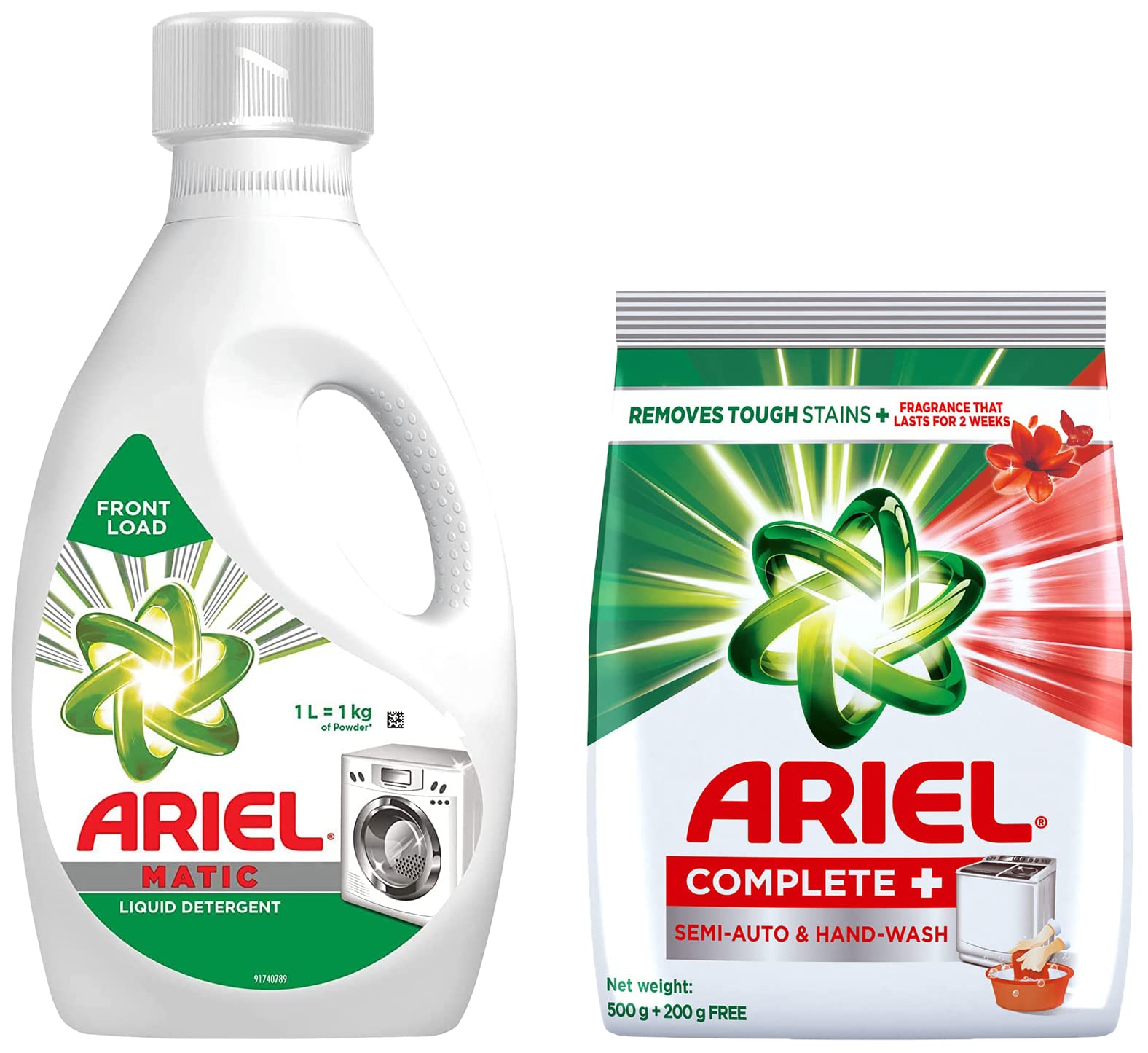 Ariel Matic Liquid Detergent for Front Load - 1 Litre & Ariel Complete Washing Powder - 500g With Free 200g