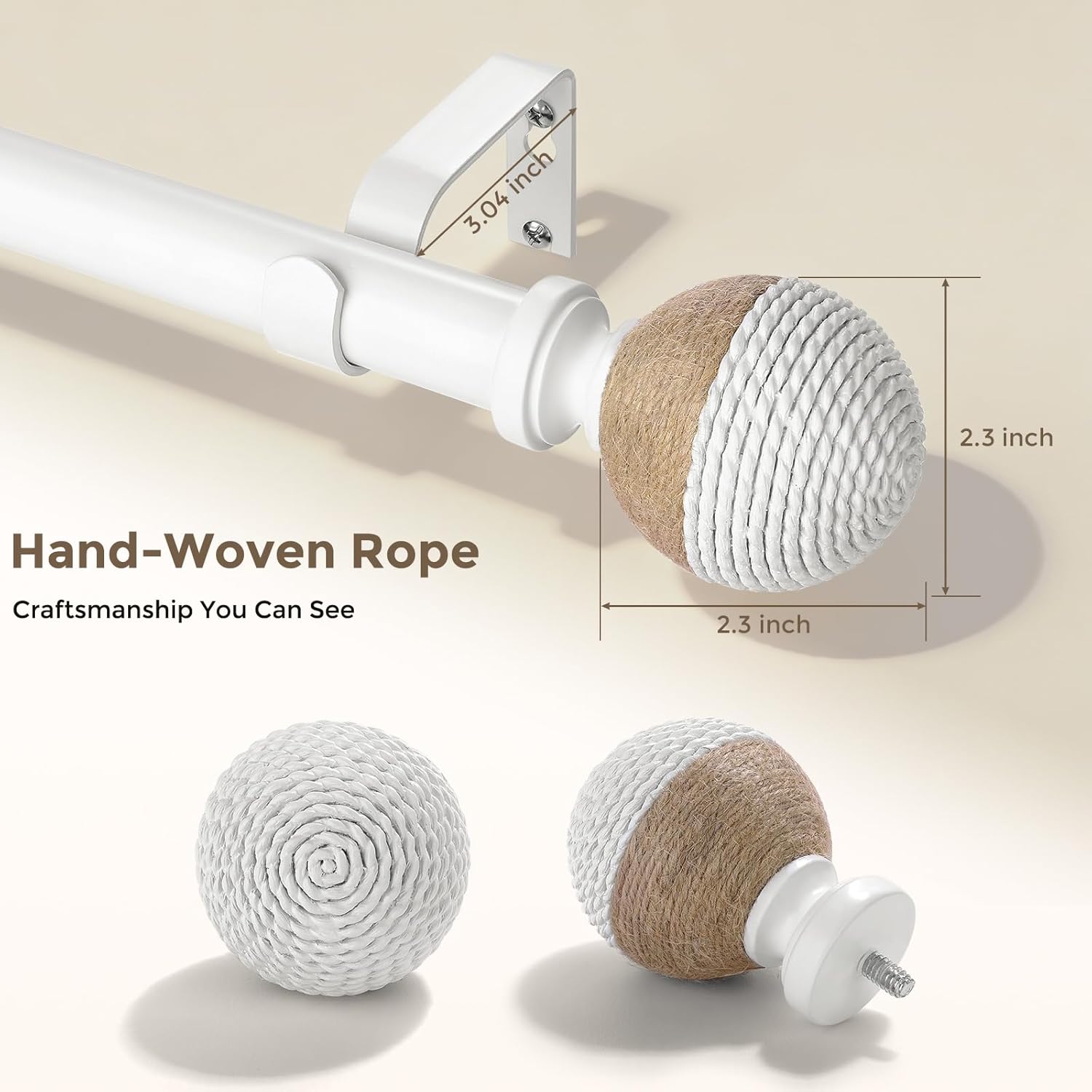 2 Pack White Boho Curtain Rods for Windows, 1" Adjustable Decorative Heavy Duty Window Treatment Rods 48 to 84 inch with Pinecone Twine Finials, Rustic Farmhouse Drapery Pole for Bedroom