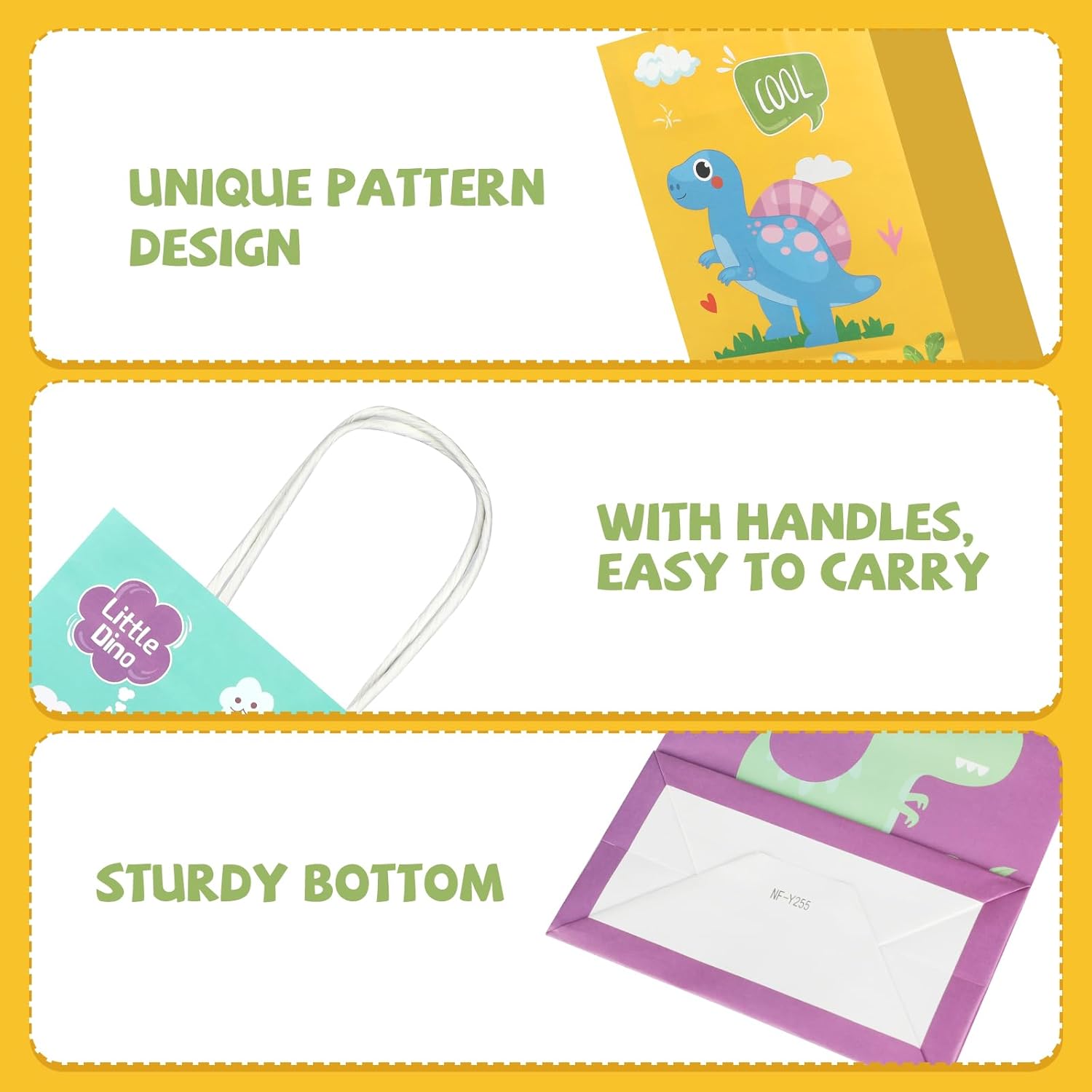 20Pcs Dinosaur Party Favor Bags with Handles, Cartoon Dinosaur Kraft Paper Gift Wrap Bags, Kids Goodie Treat Bags for Boys Girls Dinosaur Theme Birthday Baby Shower Party Supplies - Image 3