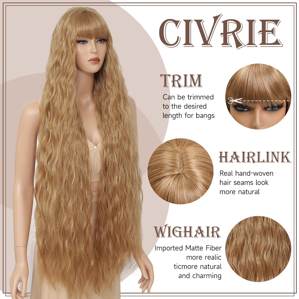 Long Wavy Wig with Bangs for Women,Wig Long Bangs Wig,Natural Looking Synthetic Heat Resistant Hair (27L, 40inch)