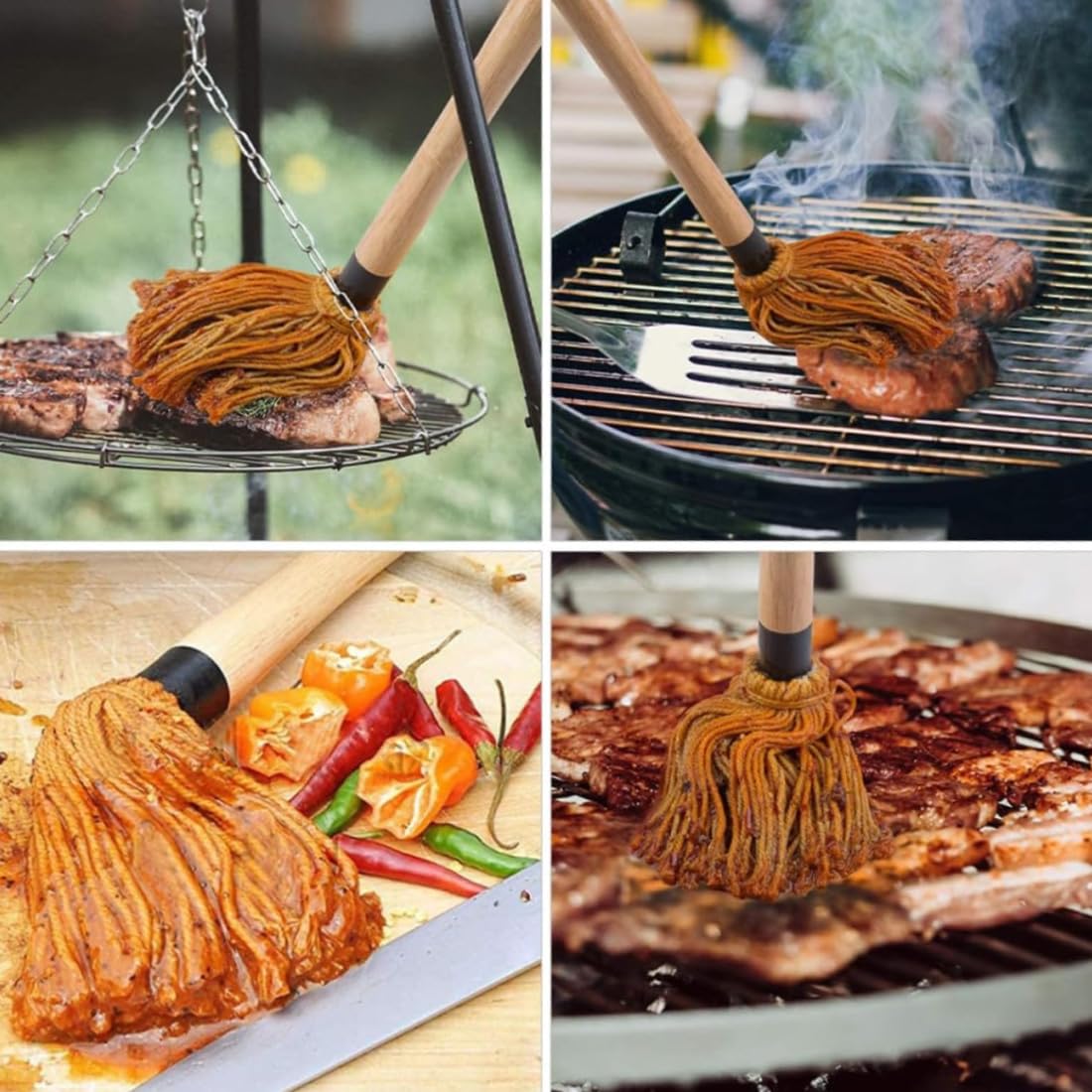 SGERUFZ Pennelli per Barbecue Legno, Spazzole Mocio per Salsa Barbecue Marinate con Manico in Legno, Pennelli Cucina Testa in Cotone Lavabile con 1 Testine di Ricambio, per Arrostire e Grigliare
