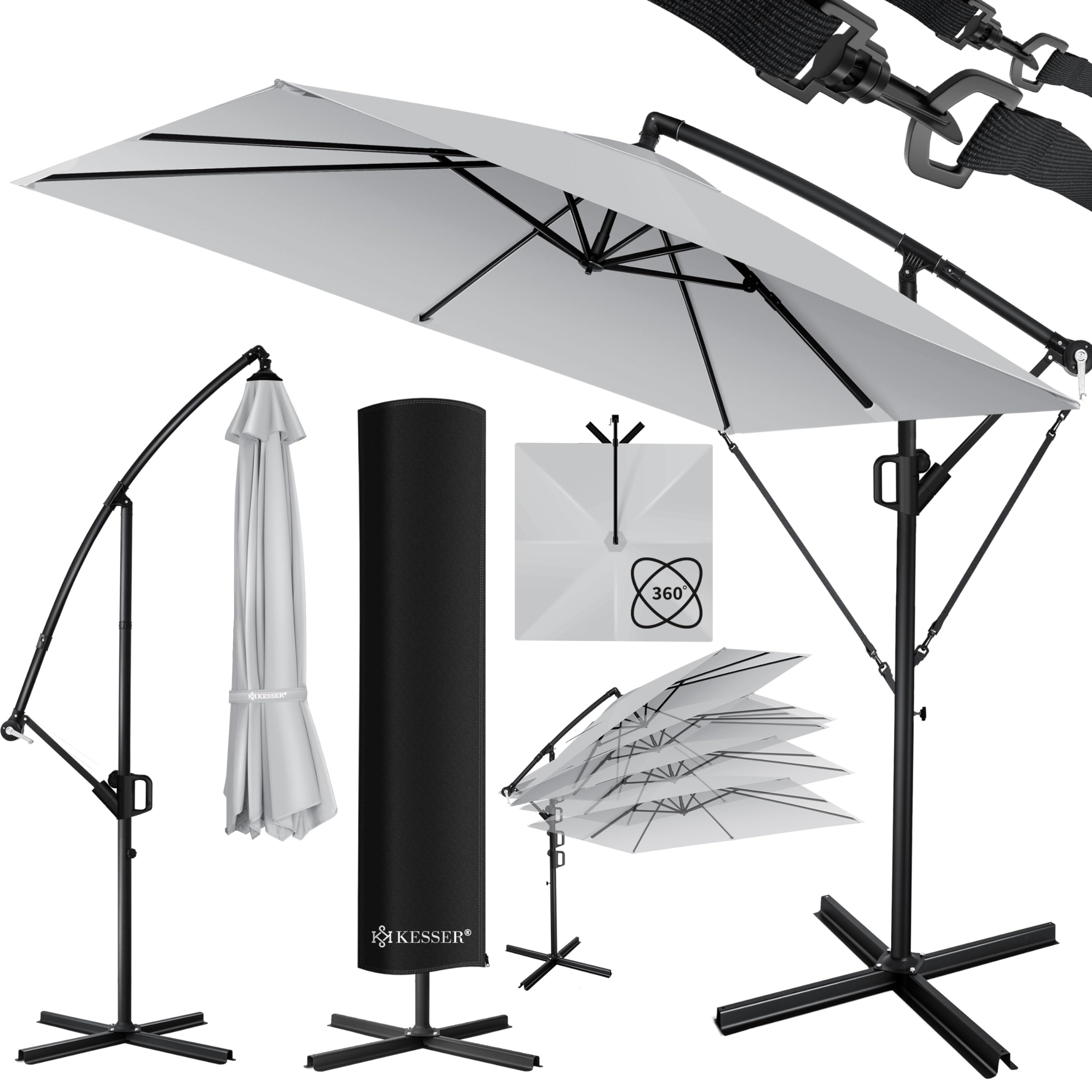 KESSER® Holly Sombrilla de terraza rectangular + funda + protección contra el viento con manivela, incl. manivela y soporte Protección UV Aluminio hidrófugo 250cm x 250cm Sombrilla de jardín