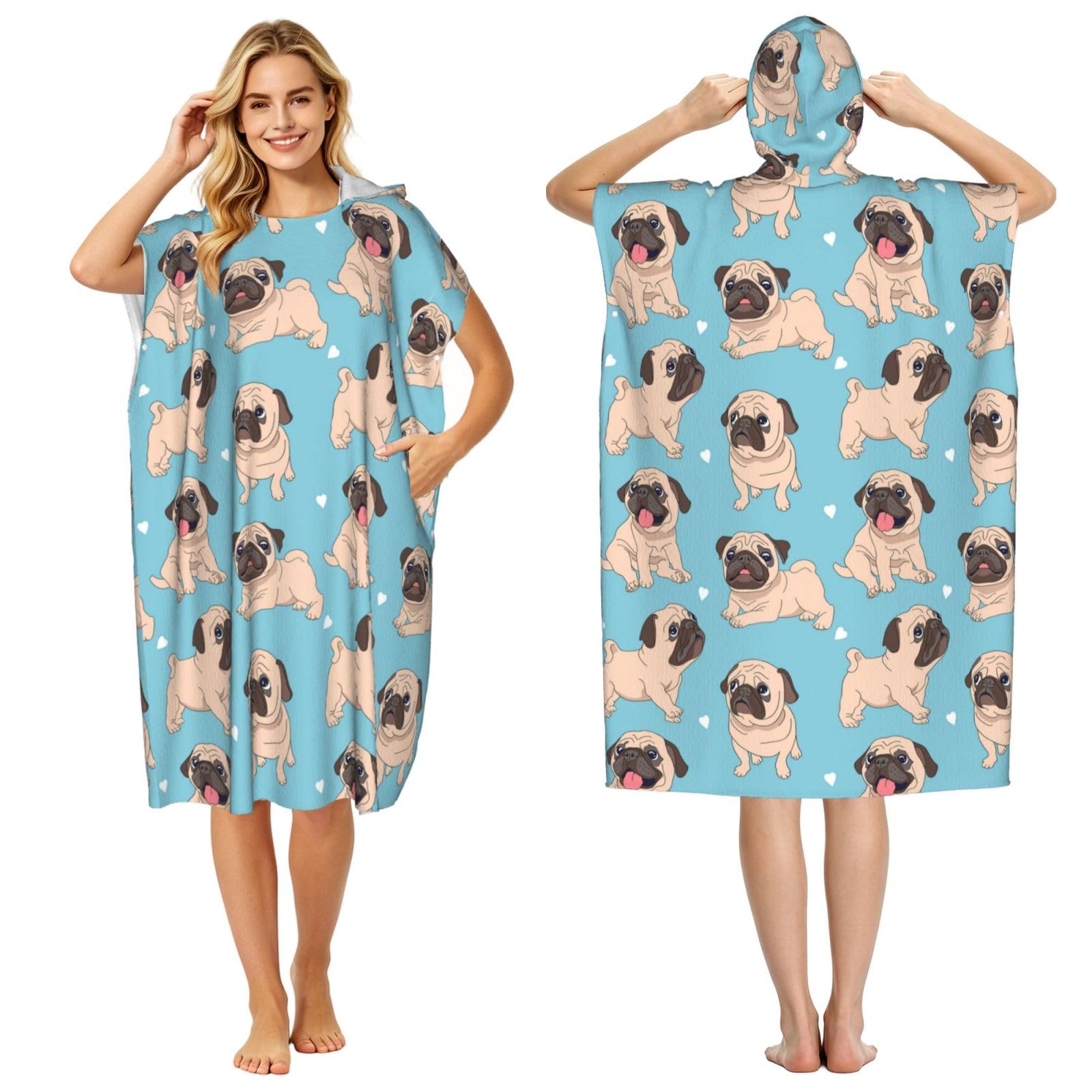 Pug, Adult Hooded Beach Towel 90 x 110 cm,Changing Bath Robe, Surf Poncho Towel For Women Men