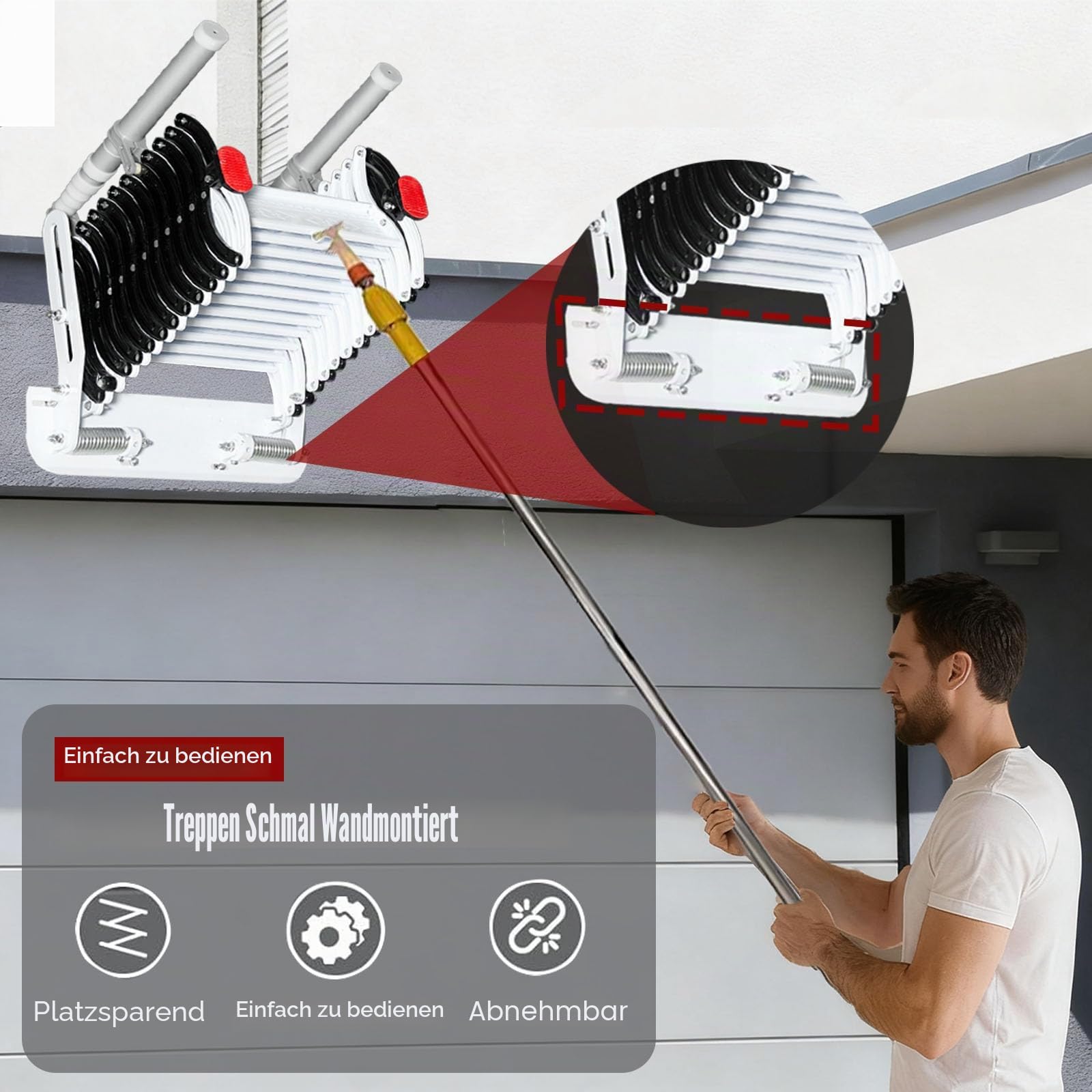 12 Stufen Wandmontierte Dachbodenleiter, Einziehbare mit 2 Handlauf Ausziehbare Klappleiter, Robustem Faltsystem, für Wohnzimmer, Büro, Schlafzimmer, Garage & Balkon (2.9-3.0m/9.5-10ft)