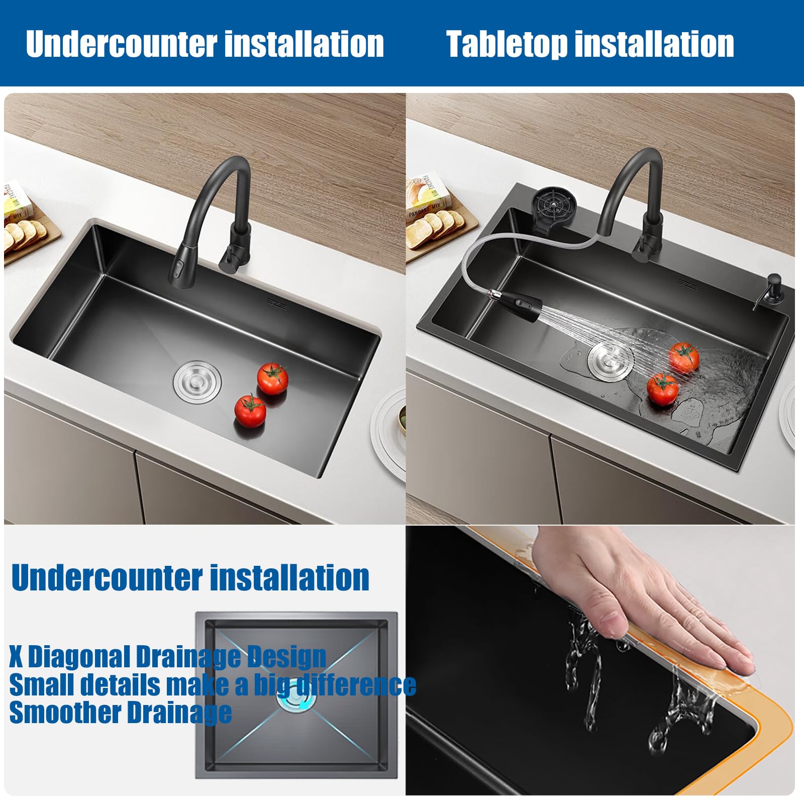Lavello da cucina in acciaio inox nero con montaggio sotto piano di lavoro piccolo lavello da cucina con accessori per scolapiatti, adatto per cucine, roulotte, bar e ripostiglio