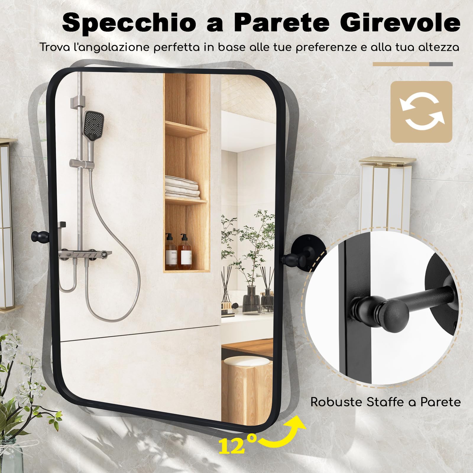 GYMAX Specchio da Bagno con Cornice in Metallo Nero, Specchio Rettangolare da Parete con Angoli Arrotondati e Staffe per Inclinazione, Specchio Decorativo Moderno, Verticale/Orizzontale
