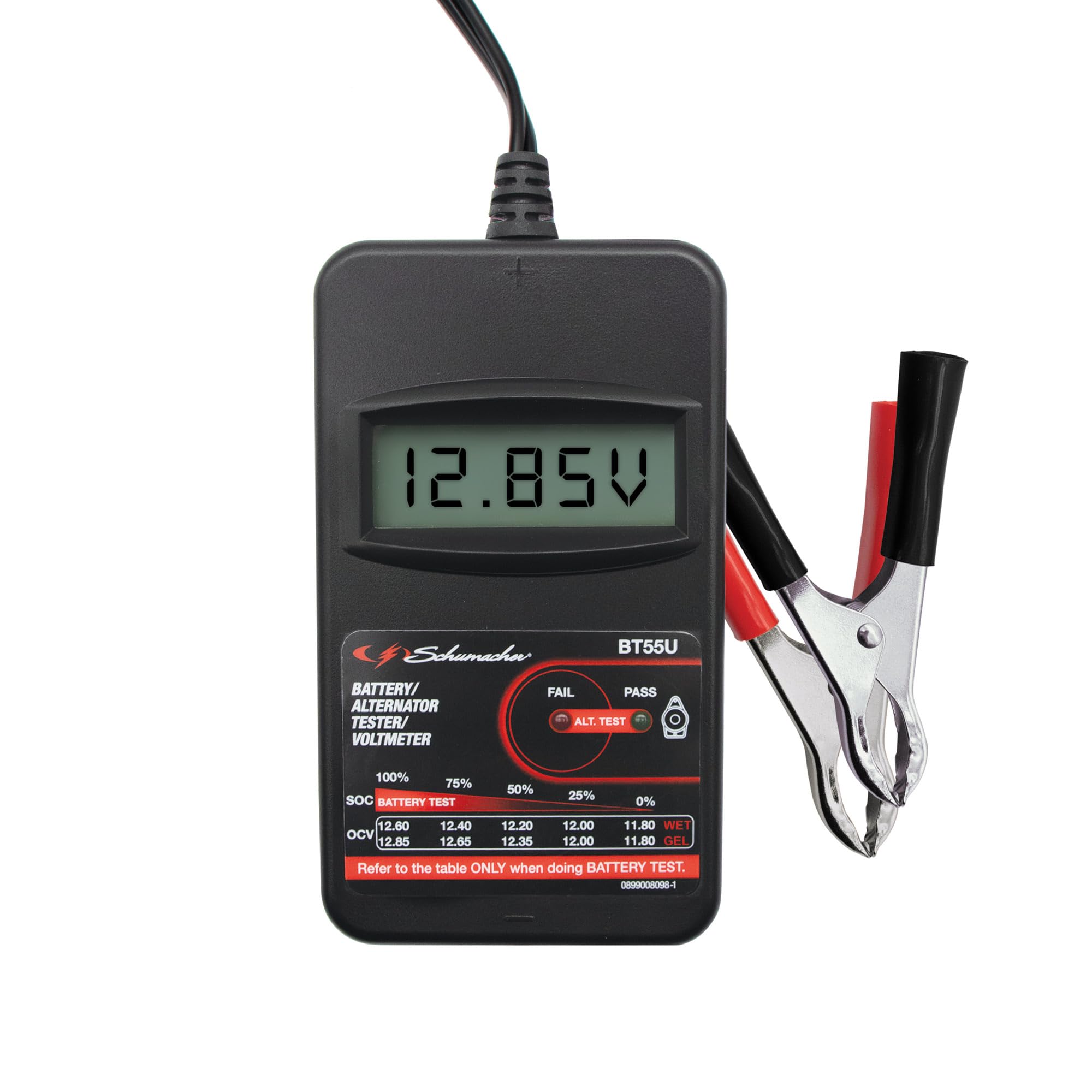 Schumacher Auto Batterietester Compact BT55 - Überprüfung der Lichtmaschinenspannung im Auto - Kompatibel mit 6V/12V/24V Batterien Typ SLI, VRLA, AGM, Gel und 12V Lichtmaschinen - LCD Display | Überprüfung der Lichtmaschinenspannung, Kompatibel mit 6V/12V