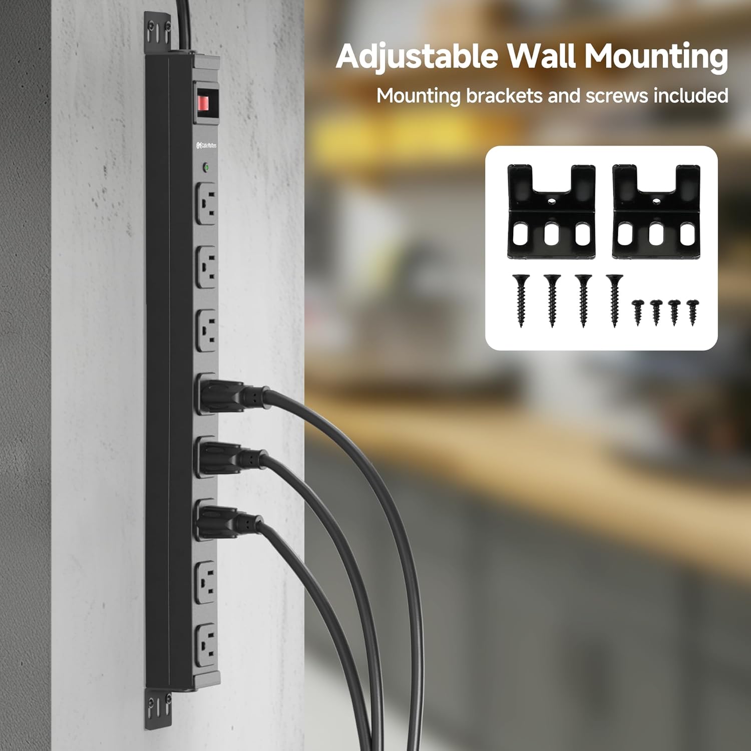 [ETL Certified] Cable Matters Wall-Mountable 8 Outlet Power Strip - 8ft Cord, Metal, 2100J Surge Protector with 15A Circuit Breaker, Industrial Power Strip Surge Protector for Garage, Workshop, Black