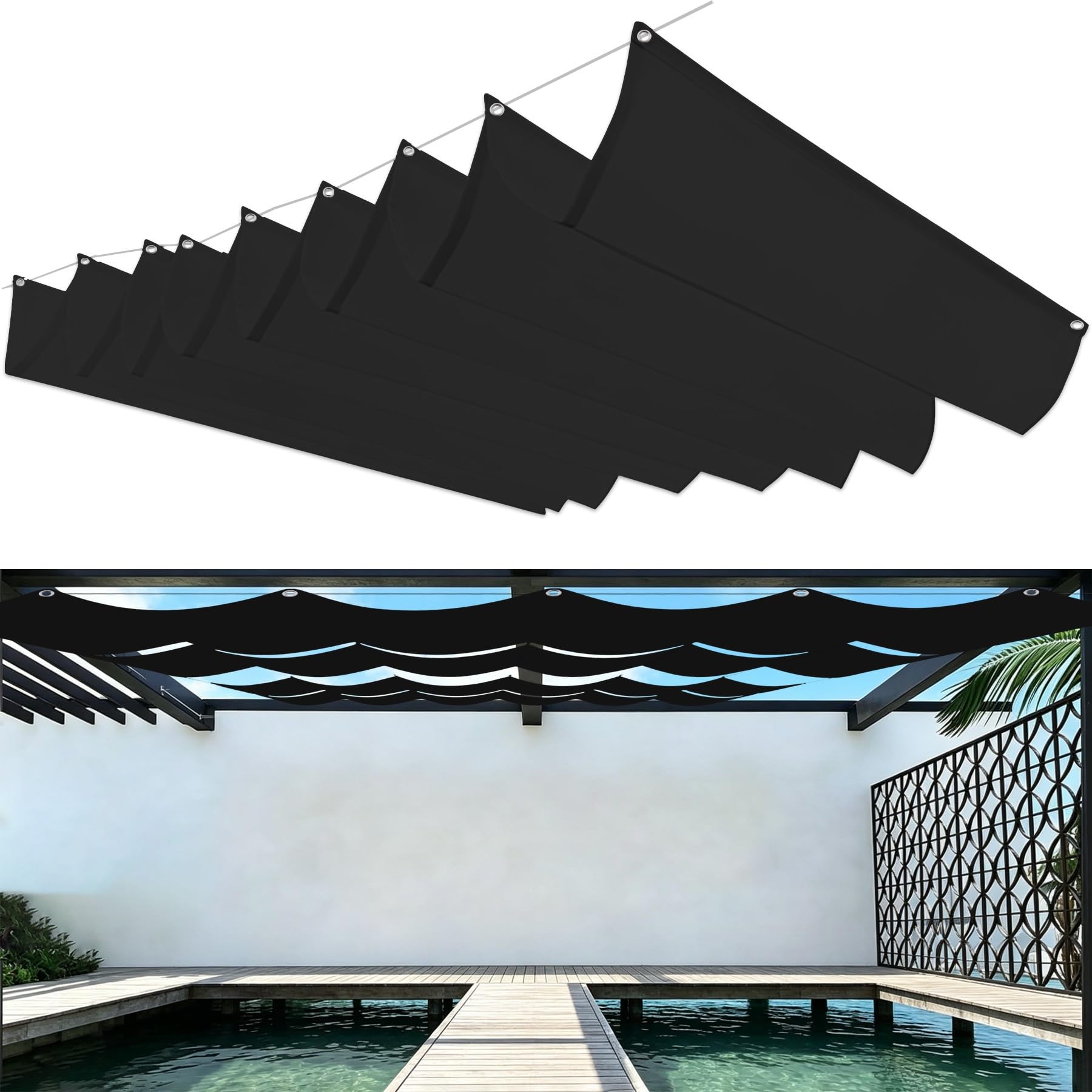 Voile d'ombrage rétractable vague bâche haut de gamme noire 2x4 m avec œillets