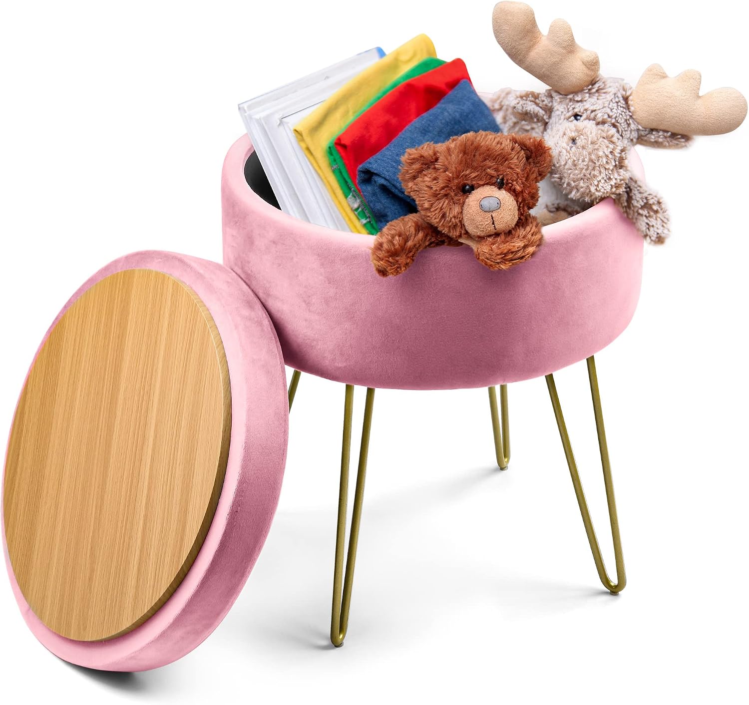 YITAHOME Modern Velvet Upholstered Round Storage Ottoman Footrest Vanity Stool with Gold Metal Legs & Tray Top Coffee Table Having 17.5” Height and Holds Upto 330 Lbs (Pink)