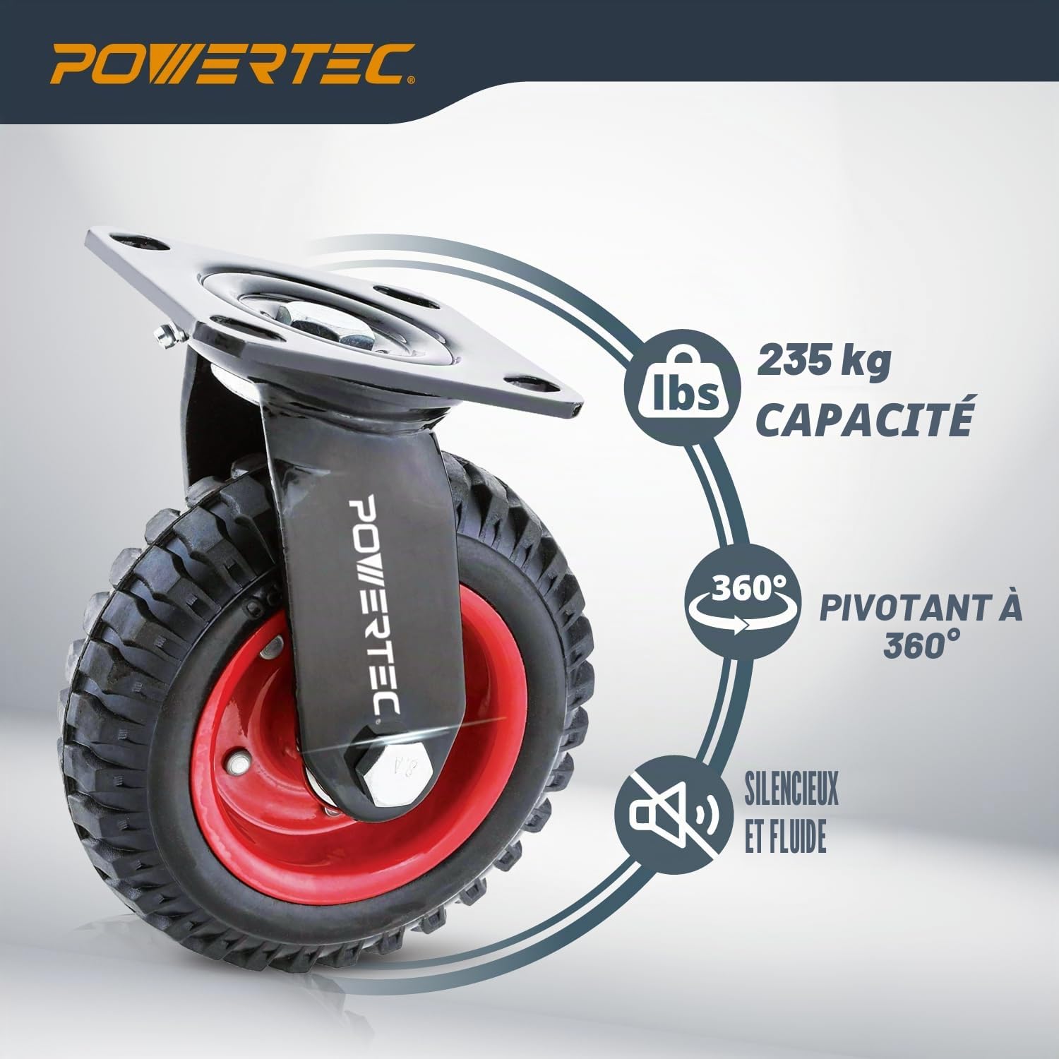 POWERTEC Roulette industrielle pivotante robuste 17051, 20,3 cm, noir, 20,3 cm