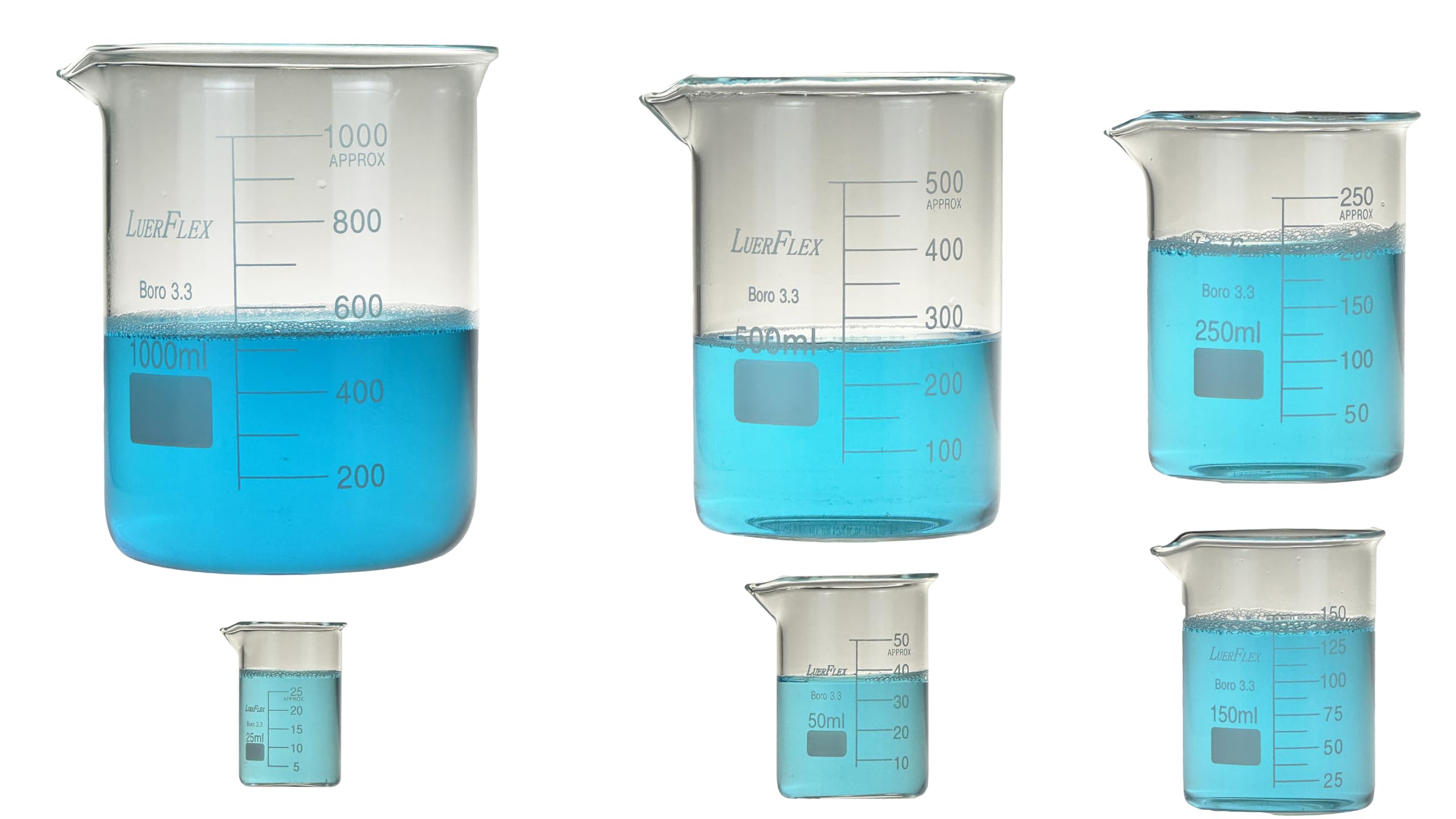LUERFLEX ボロシリコンガラス 3.3グリフィンビーカーセット 1000ml 500ml 250ml 150ml 50ml 25ml 6個パック